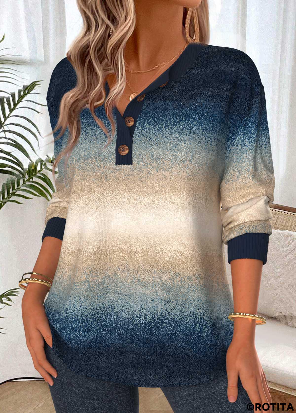 Multi Color tops,Ombre tops,ROTITA Tummy Coverage Ombre Multi Color Split Neck Sweatshirt