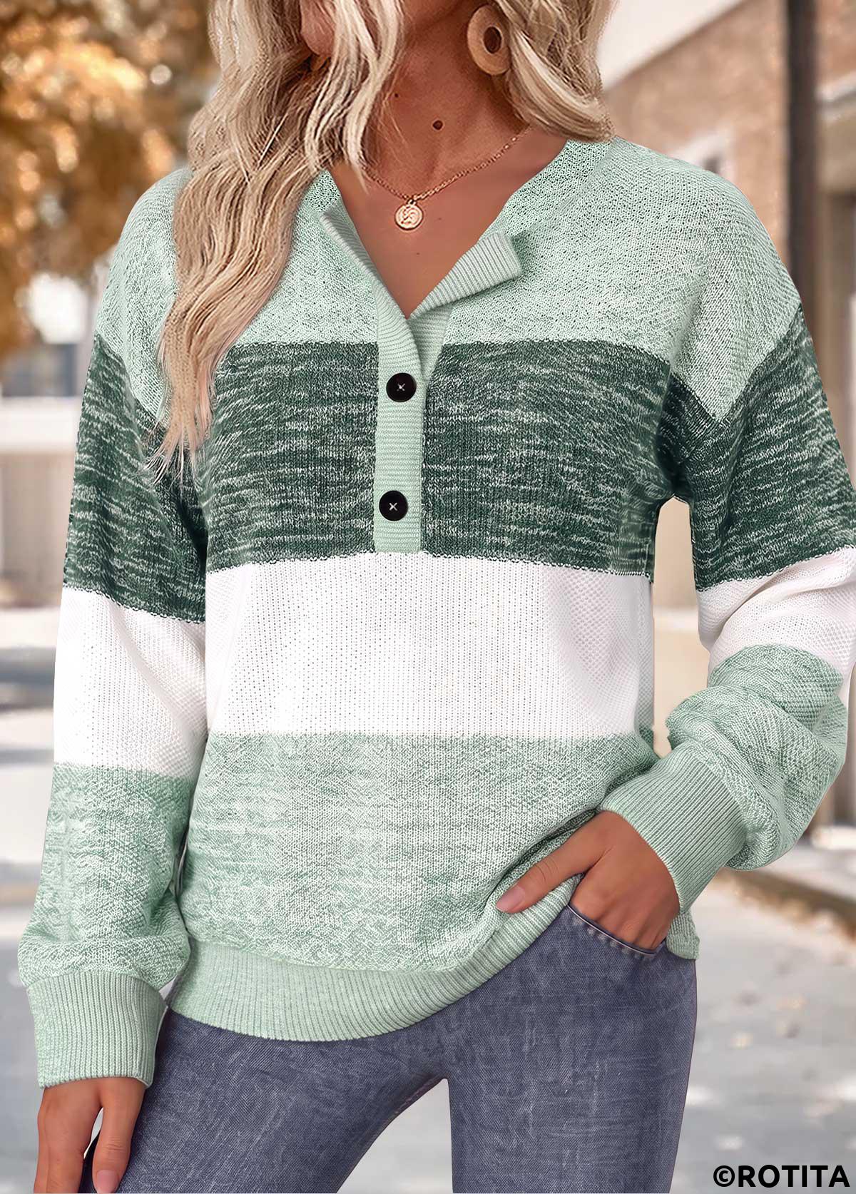 Mint Green tops,Striped tops,Geometric tops,ROTITA Tummy Coverage Striped Mint Green Split Neck Sweatshirt