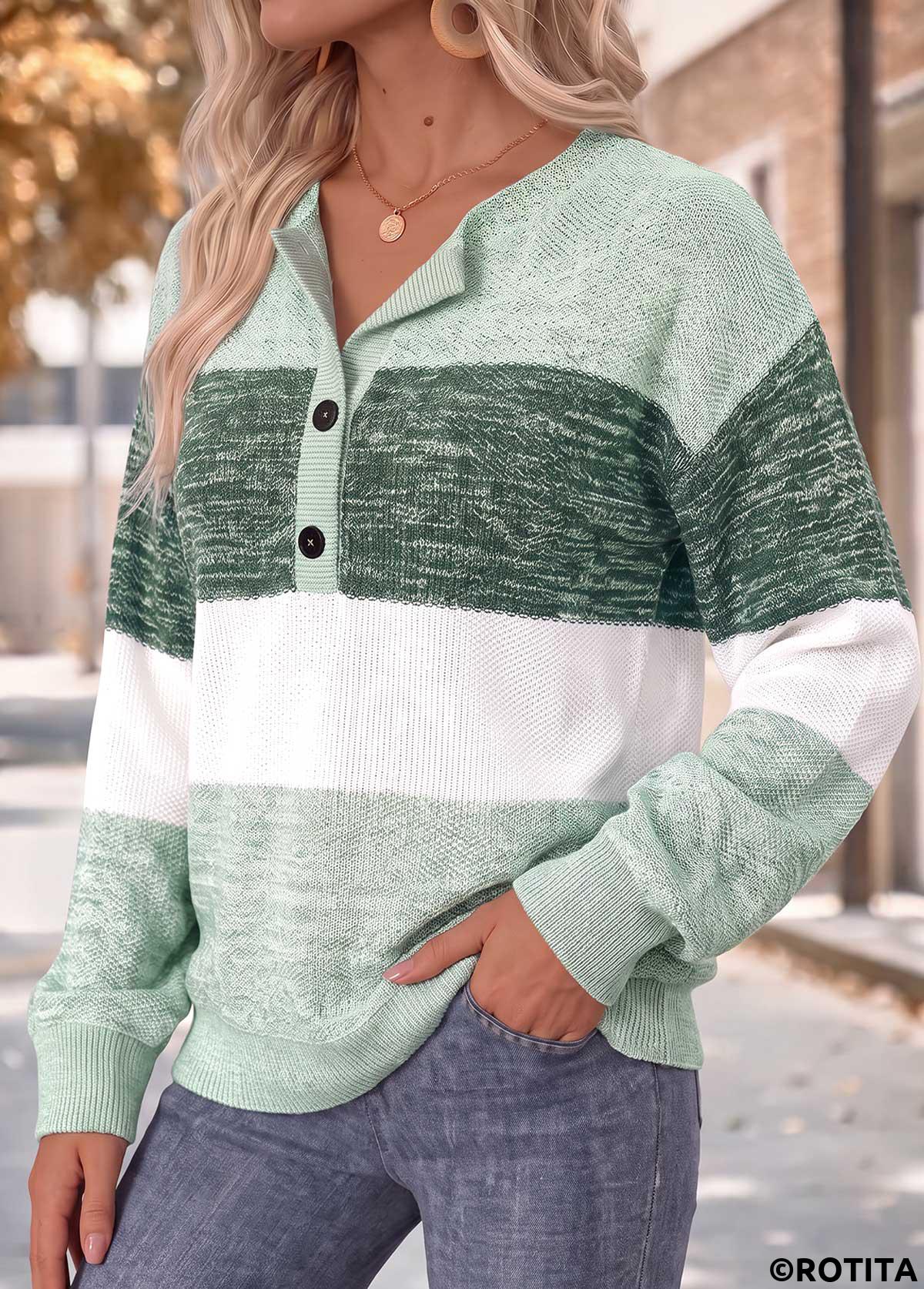 Mint Green tops,Striped tops,Geometric tops,ROTITA Tummy Coverage Striped Mint Green Split Neck Sweatshirt