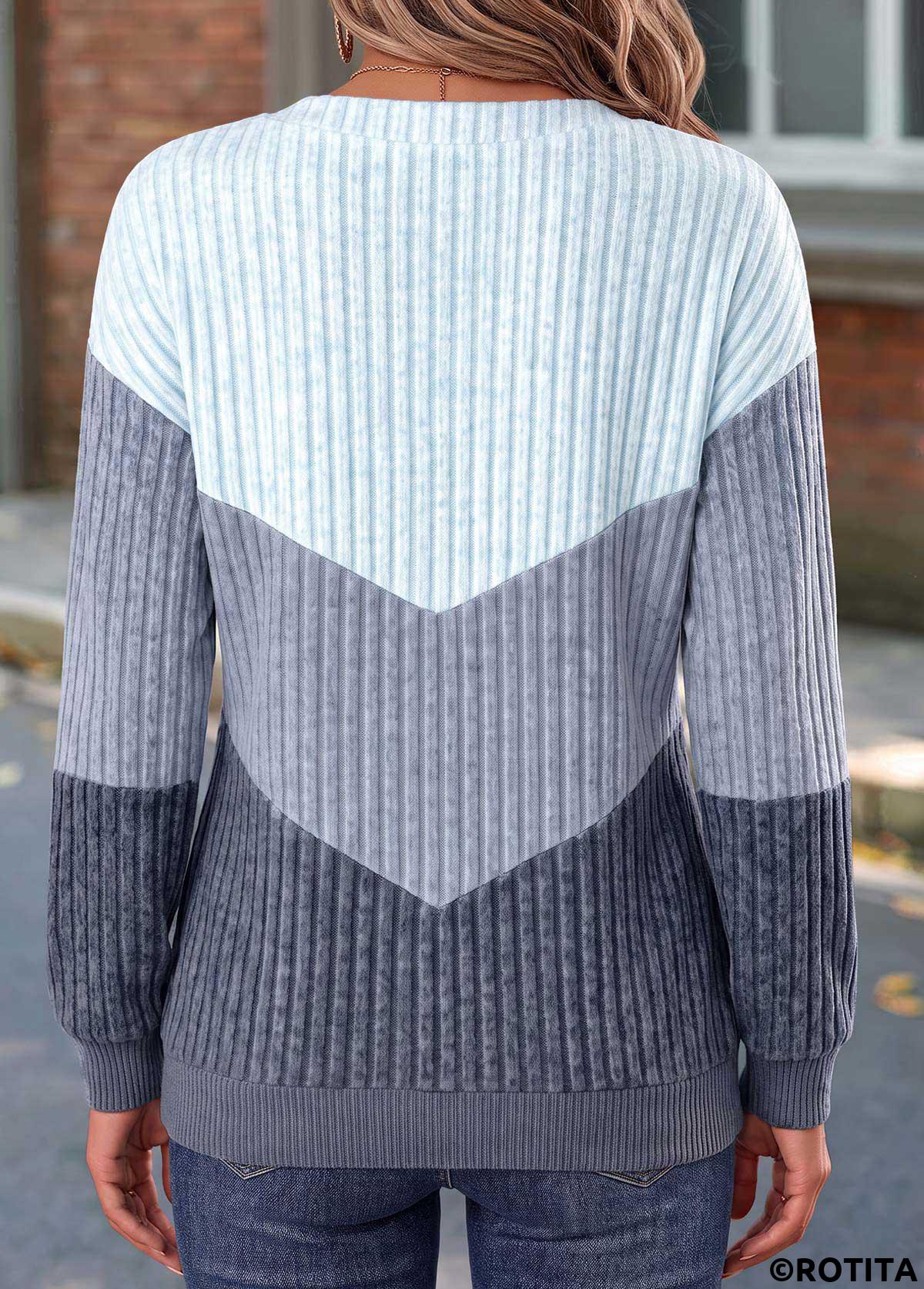 Dusty Blue tops,Contrast Color tops,ROTITA Zipper Dusty Blue Long Sleeve Sweatshirt