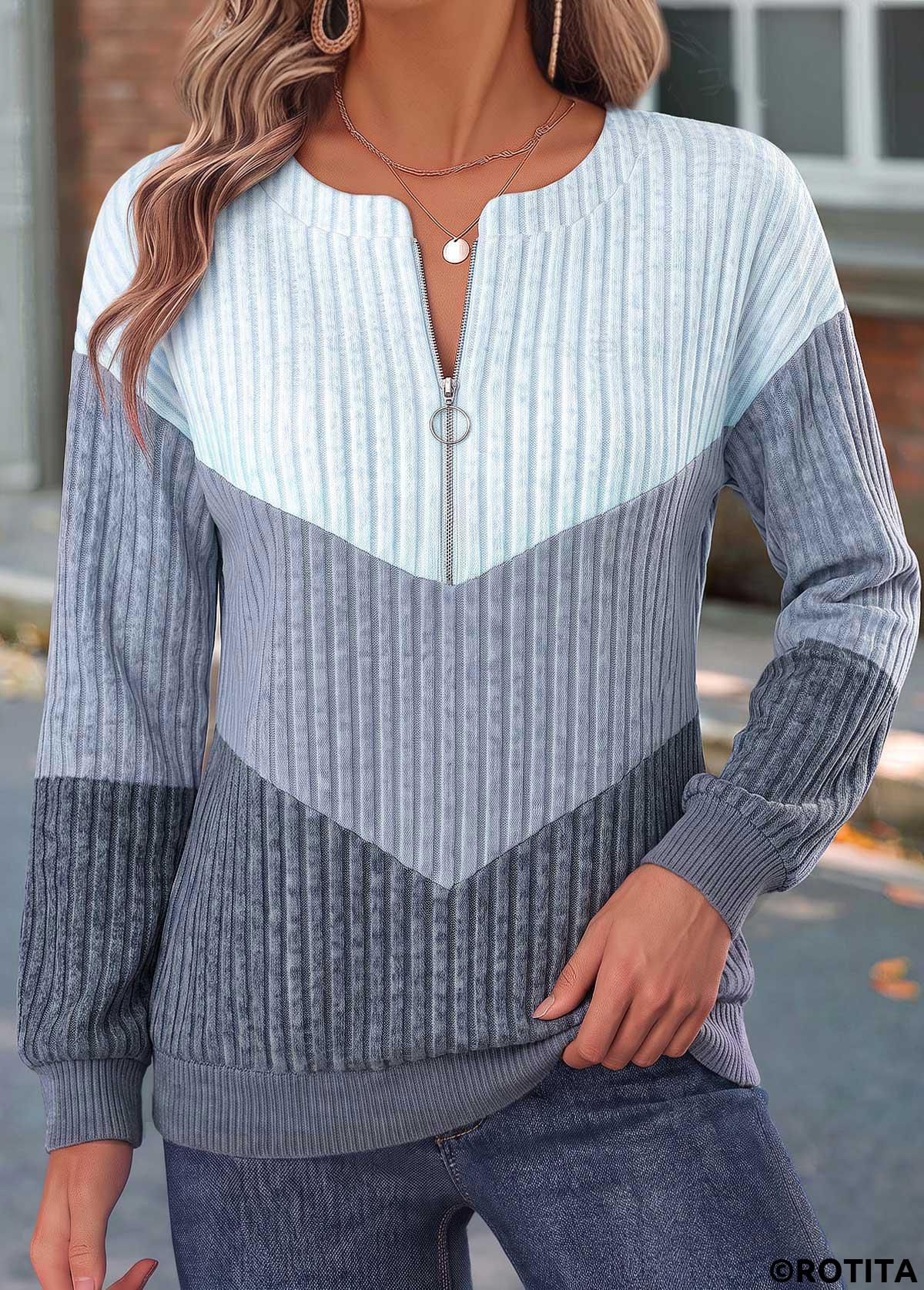 Dusty Blue tops,Contrast Color tops,ROTITA Zipper Dusty Blue Long Sleeve Sweatshirt