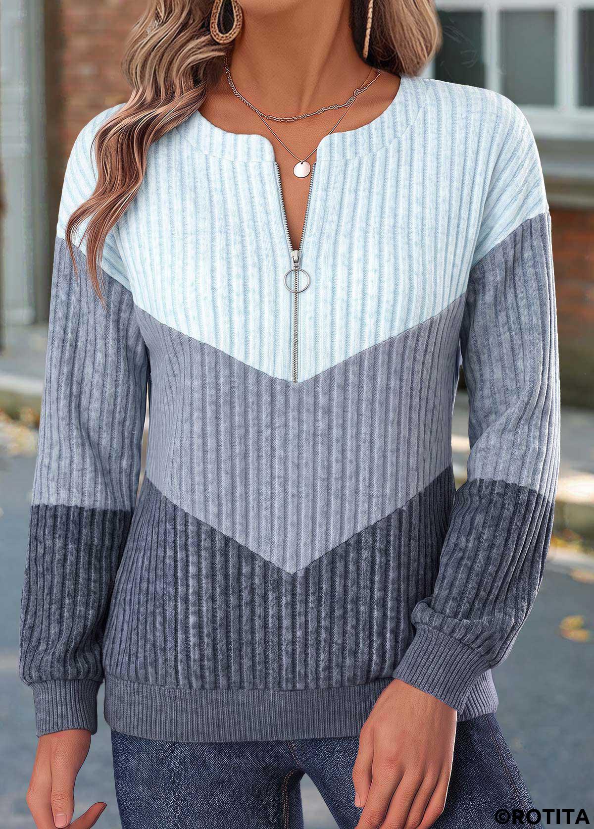 Dusty Blue tops,Contrast Color tops,ROTITA Zipper Dusty Blue Long Sleeve Sweatshirt