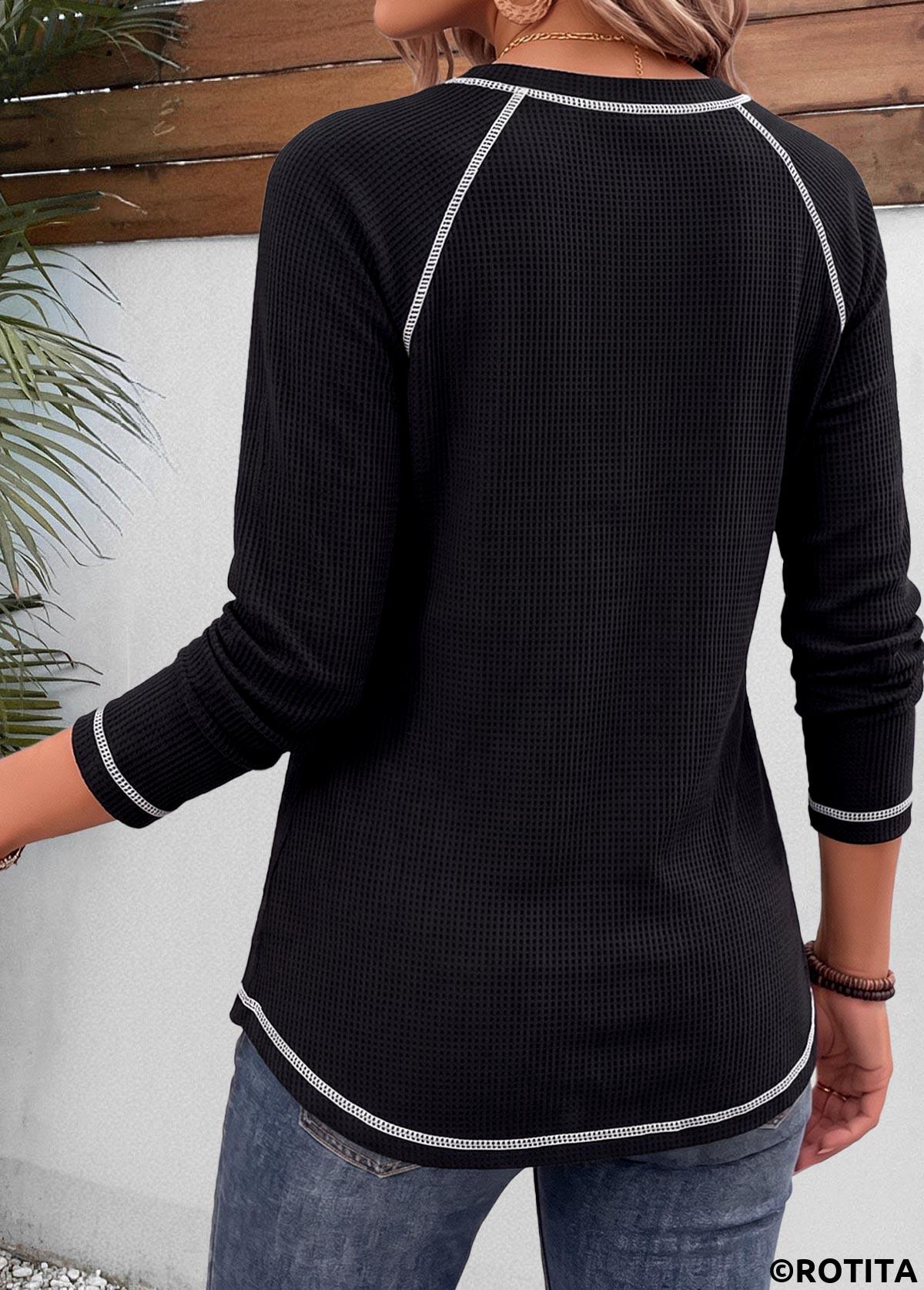Black tops,Contrast Color tops,ROTITA Patchwork Black Split Neck Long Sleeve T Shirt