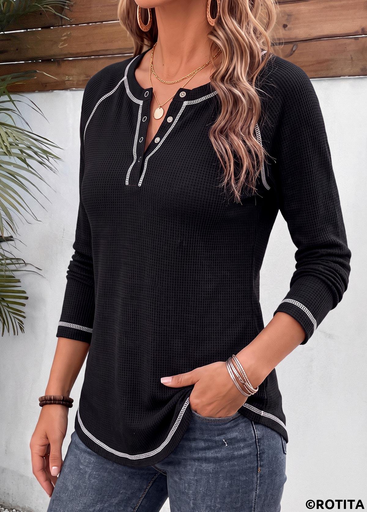 Black tops,Contrast Color tops,ROTITA Patchwork Black Split Neck Long Sleeve T Shirt
