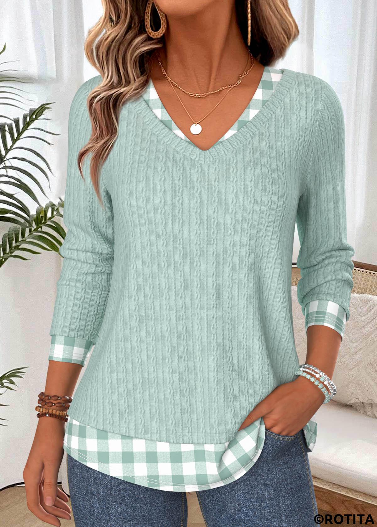Green tops,Plaid tops,Geometric tops,ROTITA Fake 2in1 Plaid Green V Neck T Shirt