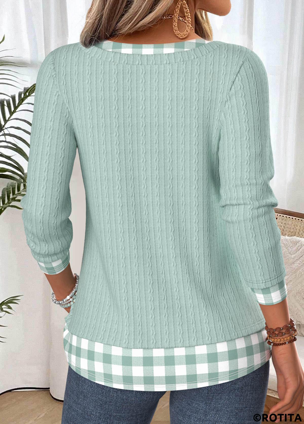 Green tops,Plaid tops,Geometric tops,ROTITA Fake 2in1 Plaid Green V Neck T Shirt