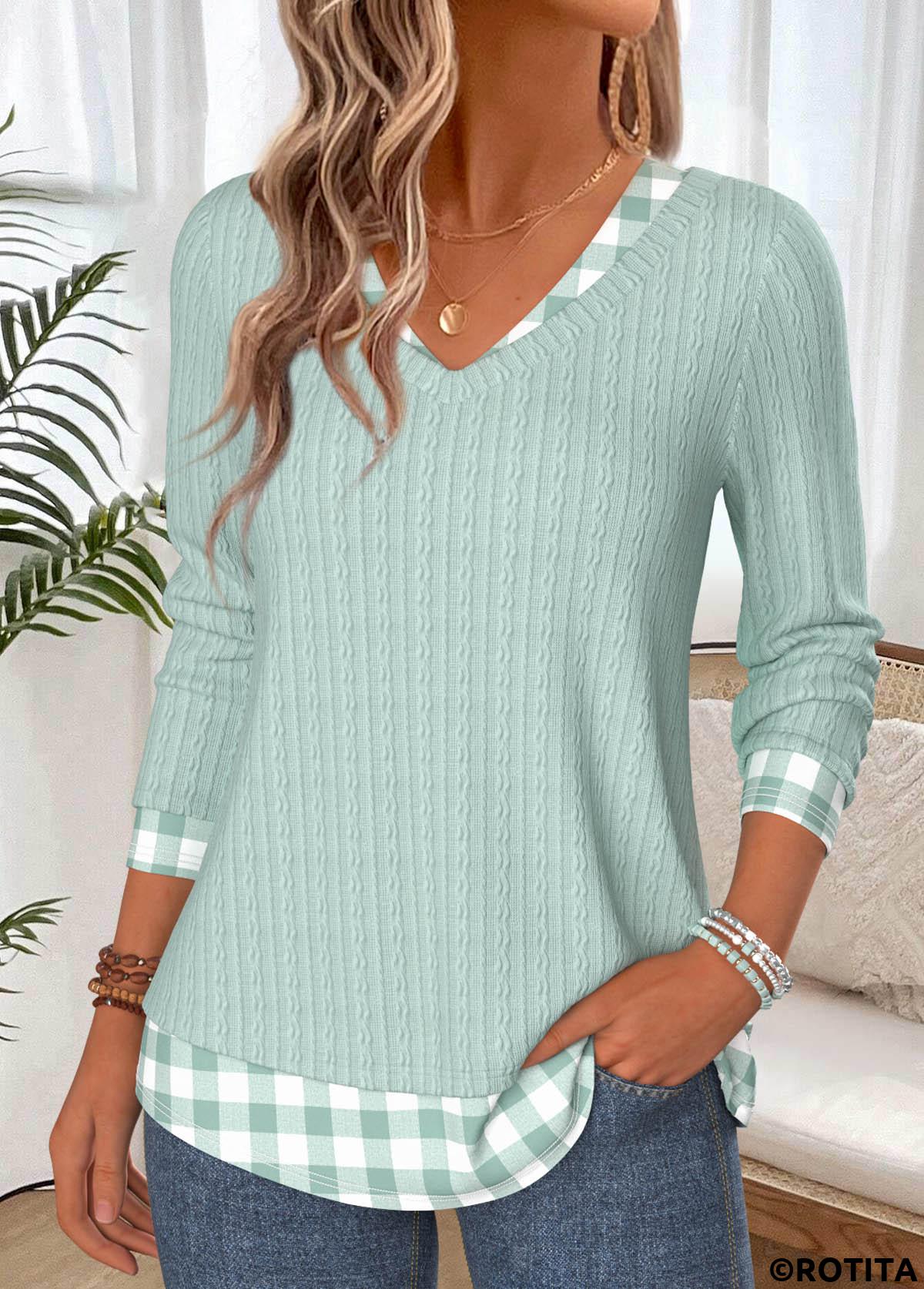 Green tops,Plaid tops,Geometric tops,ROTITA Fake 2in1 Plaid Green V Neck T Shirt