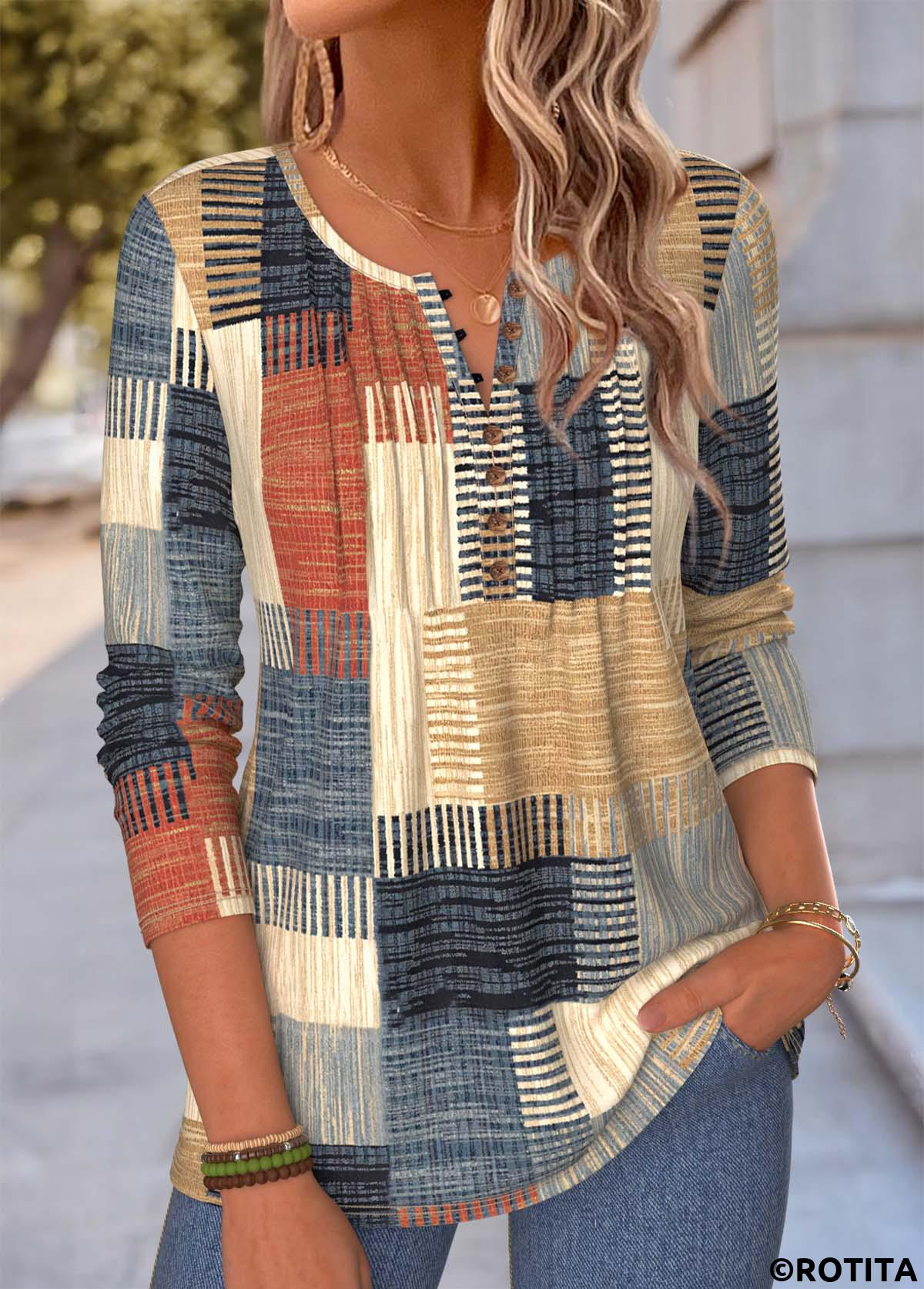 Multi Color tops,Geometric tops,ROTITA Tuck Stitch Geometric Print Multi Color T Shirt