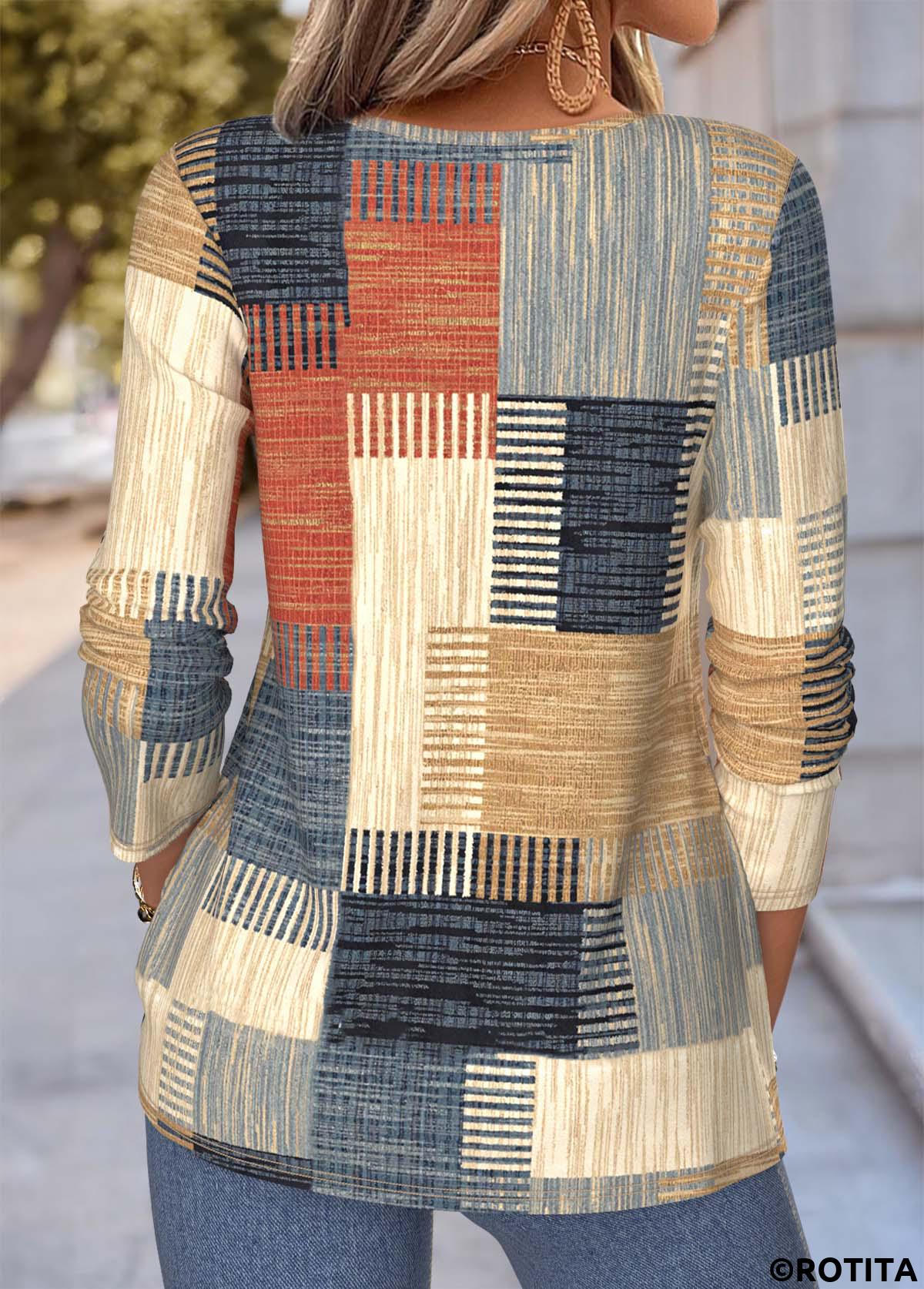 Multi Color tops,Geometric tops,ROTITA Tuck Stitch Geometric Print Multi Color T Shirt