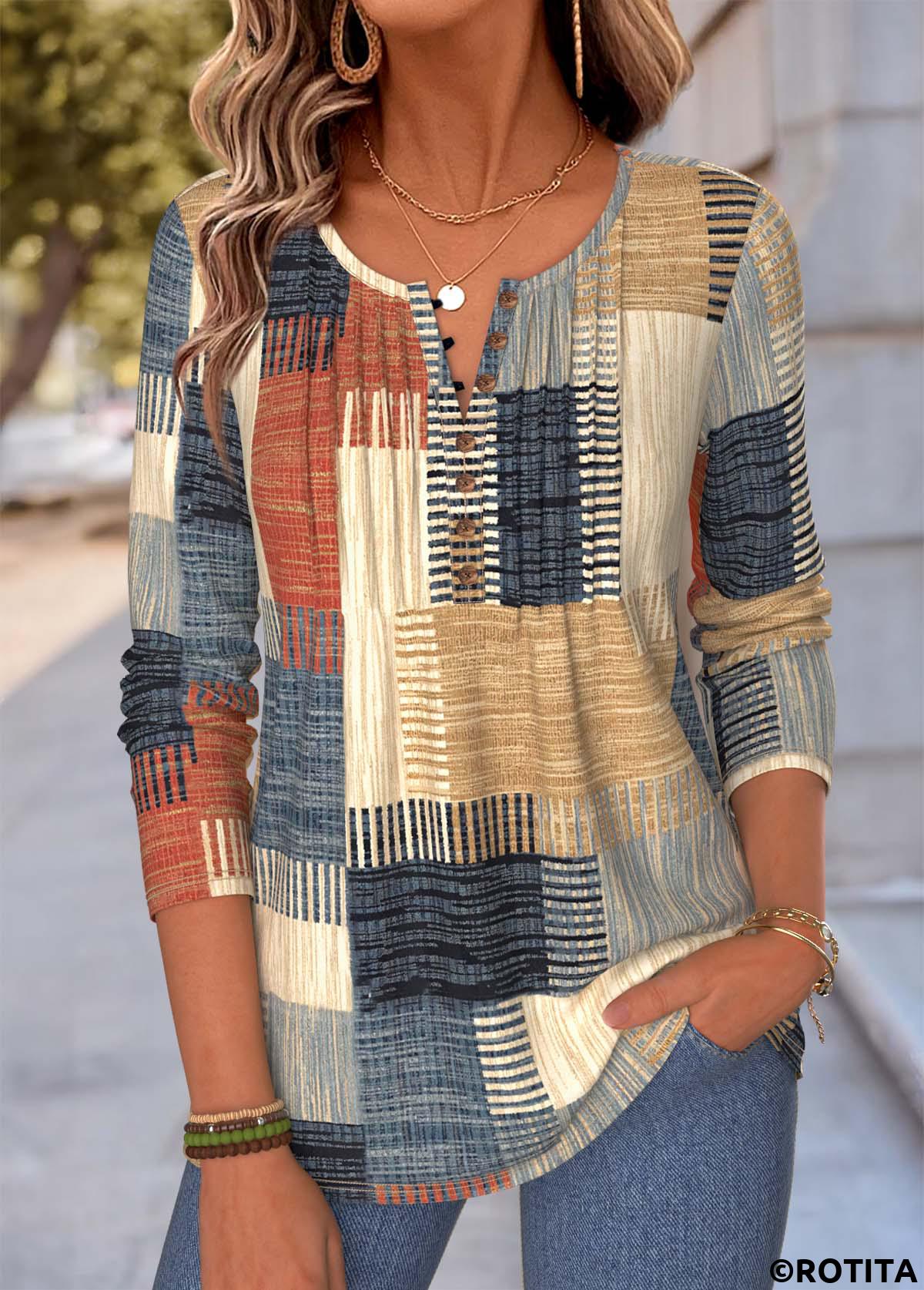 Multi Color tops,Geometric tops,ROTITA Tuck Stitch Geometric Print Multi Color T Shirt