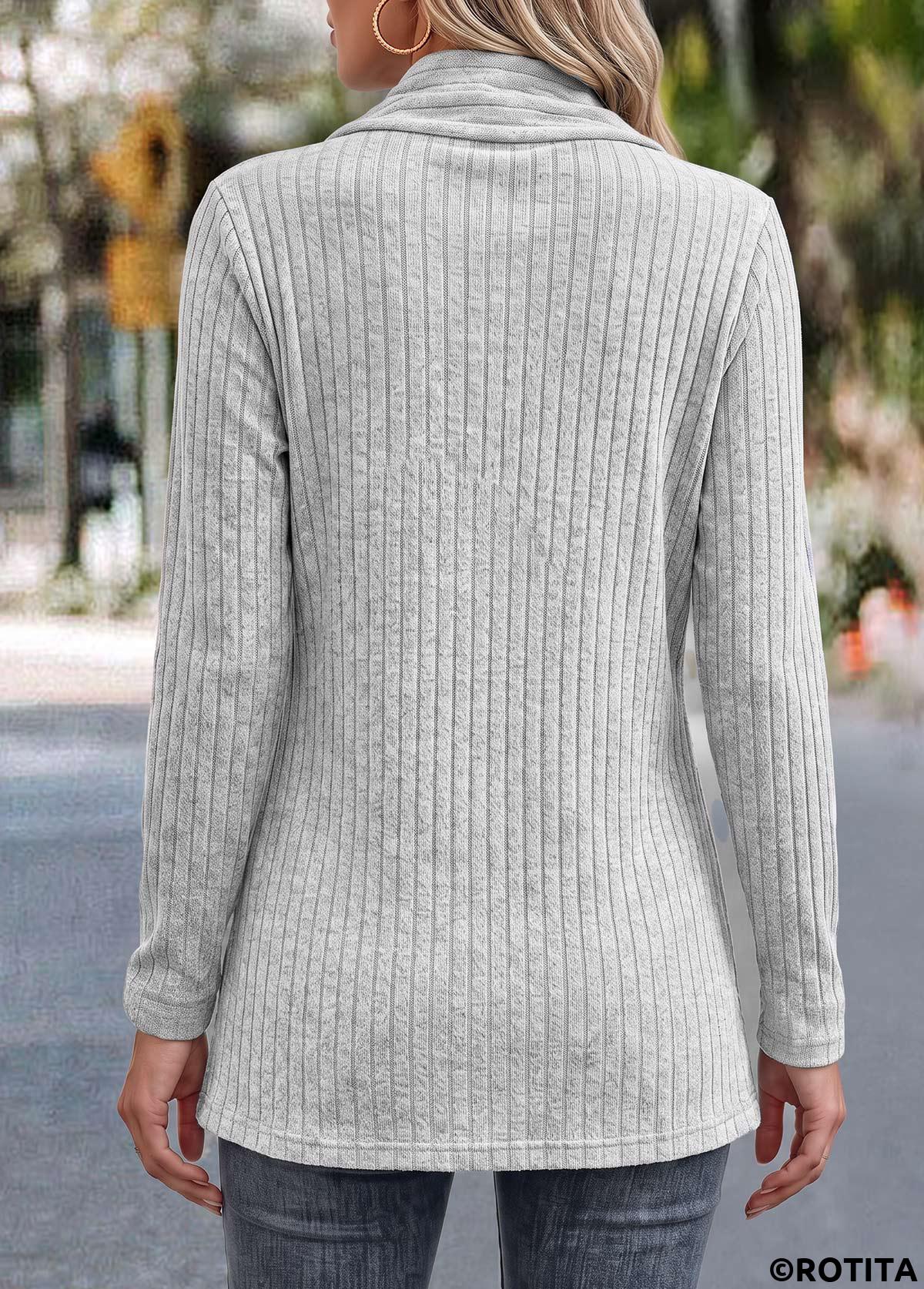 Light Grey tops,Plain Color tops,ROTITA Button Light Grey Long Sleeve Coat