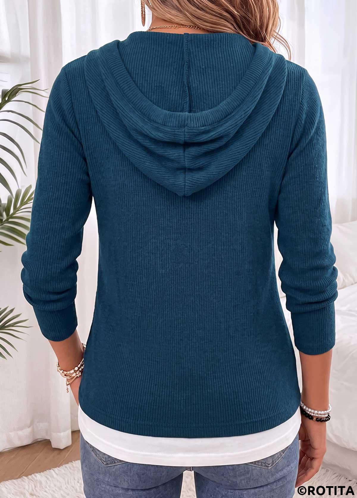 Peacock Blue tops,Contrast Color tops,ROTITA Fake 2in1 Peacock Blue Hooded Long Sleeve Sweater