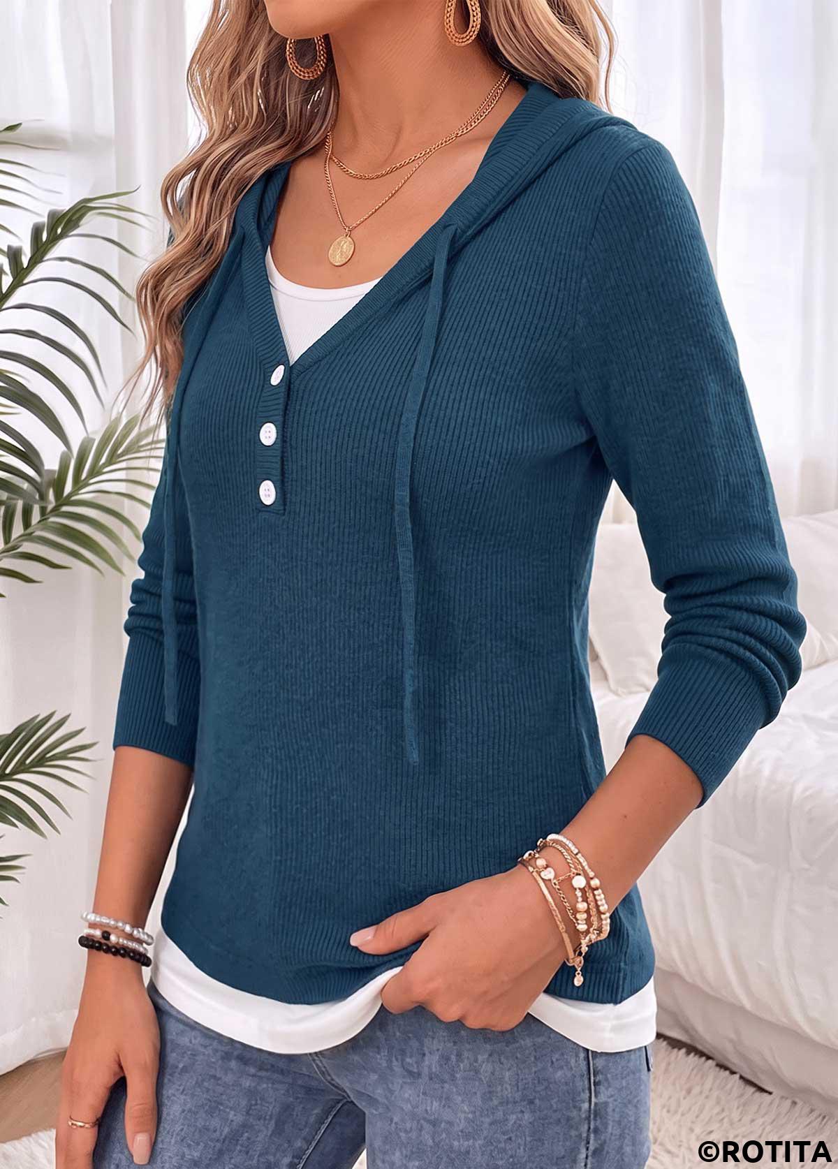 Peacock Blue tops,Contrast Color tops,ROTITA Fake 2in1 Peacock Blue Hooded Long Sleeve Sweater