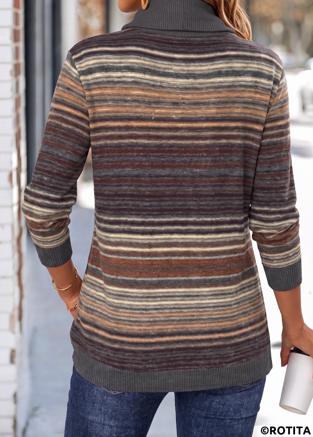 Dark Grey tops,Striped tops,Geometric tops,ROTITA Double Side Pockets Multi Stripe Print Dark Grey Sweatshirt