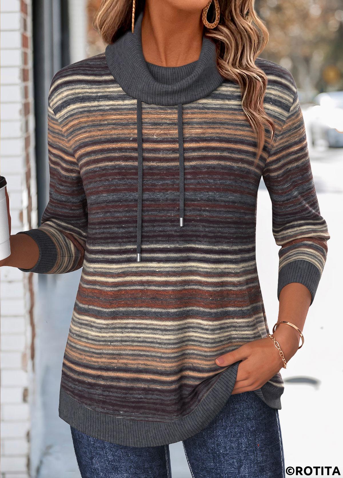 Dark Grey tops,Striped tops,Geometric tops,ROTITA Double Side Pockets Multi Stripe Print Dark Grey Sweatshirt
