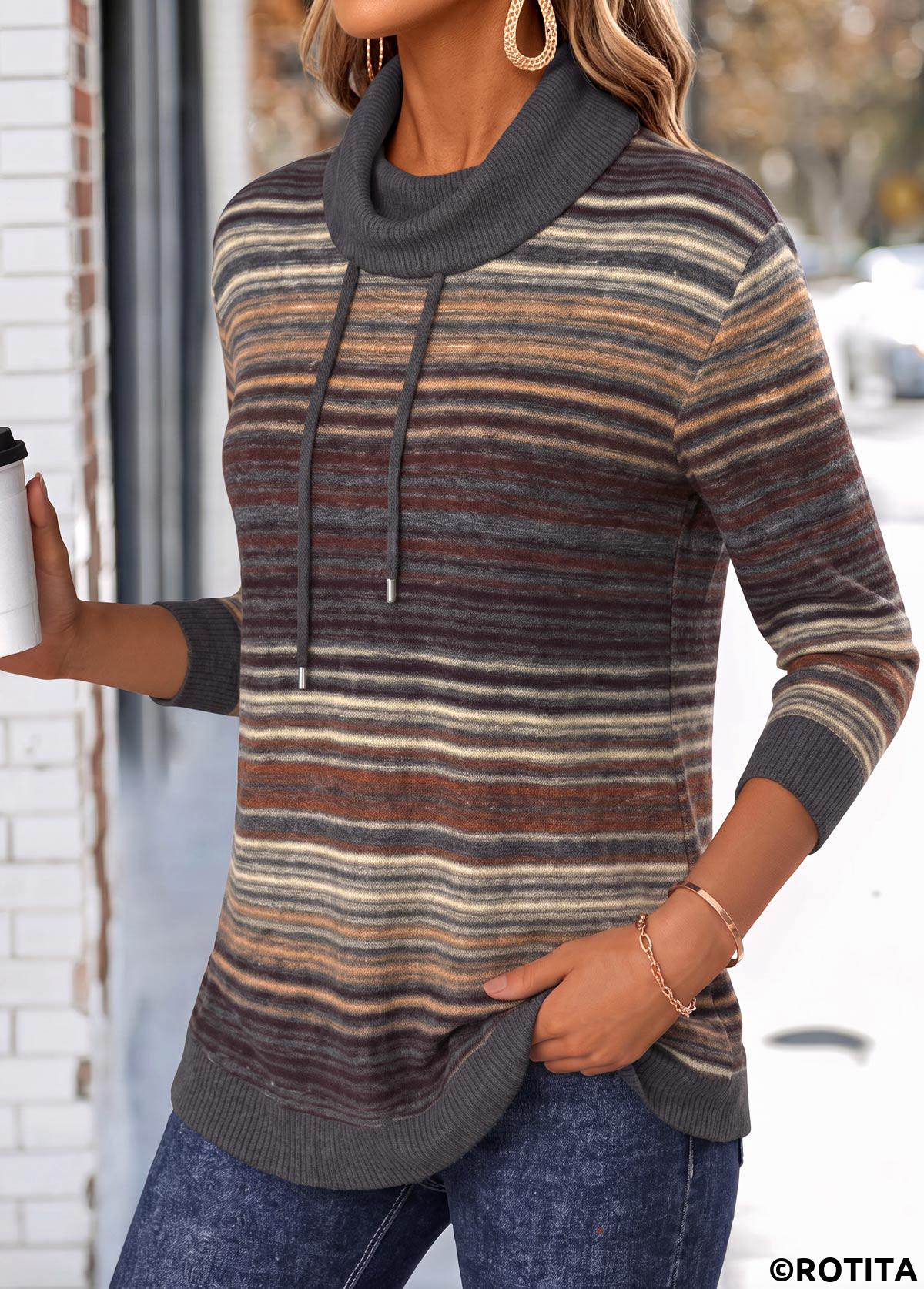 Dark Grey tops,Striped tops,Geometric tops,ROTITA Double Side Pockets Multi Stripe Print Dark Grey Sweatshirt