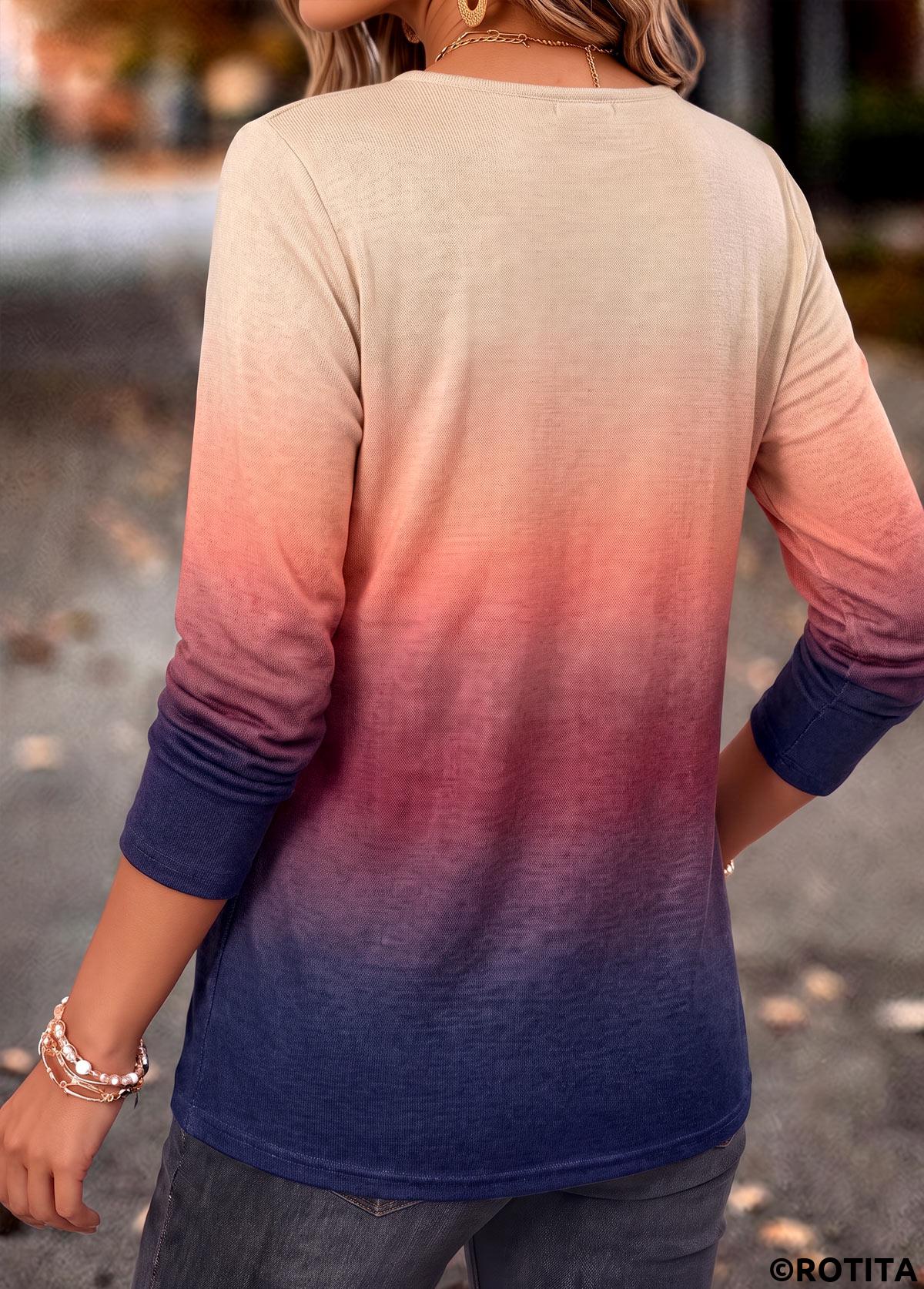 Multi Color tops,Ombre tops,ROTITA Shirred Ombre Multi Color Split Neck T Shirt