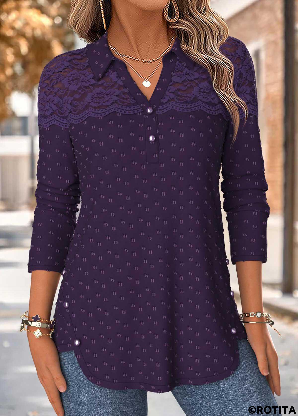 Purple tops,Plain Color tops,ROTITA Patchwork Purple Shirt Collar Long Sleeve Blouse