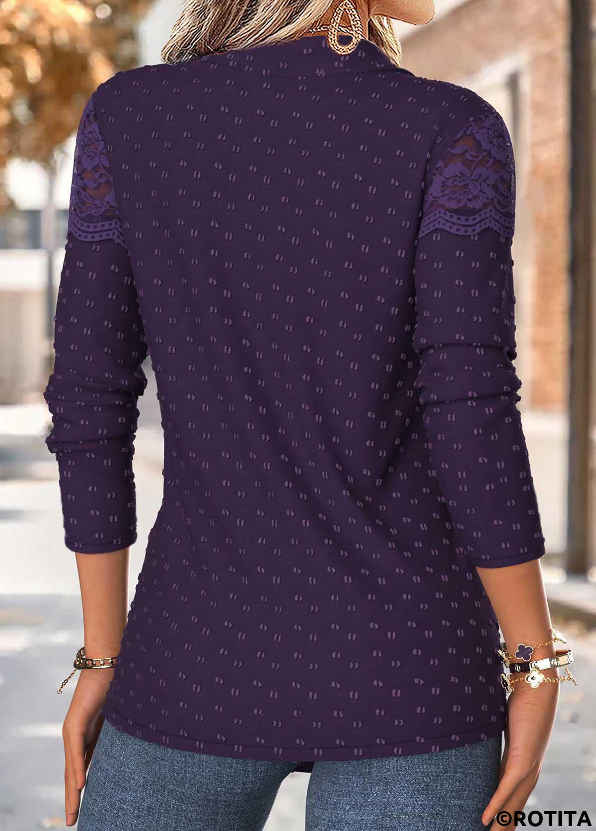 Purple tops,Plain Color tops,ROTITA Patchwork Purple Shirt Collar Long Sleeve Blouse