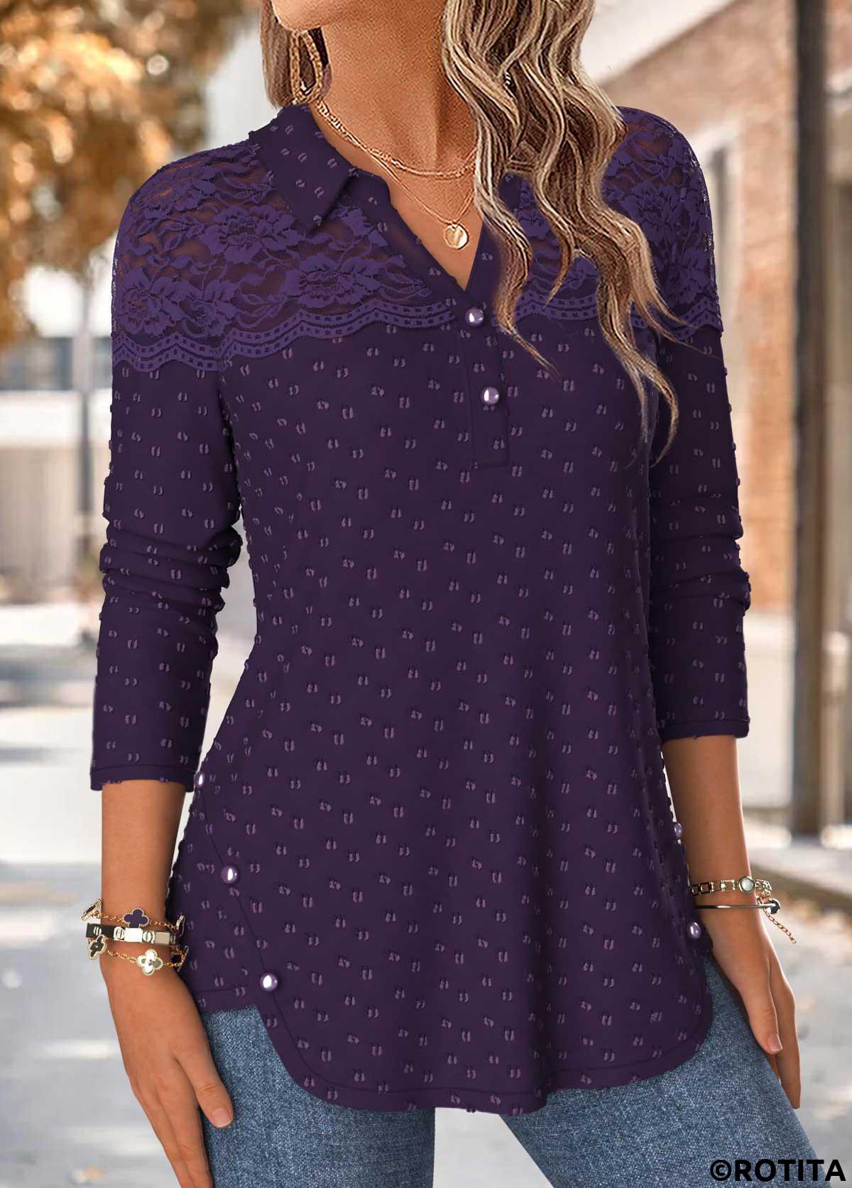 Purple tops,Plain Color tops,ROTITA Patchwork Purple Shirt Collar Long Sleeve Blouse