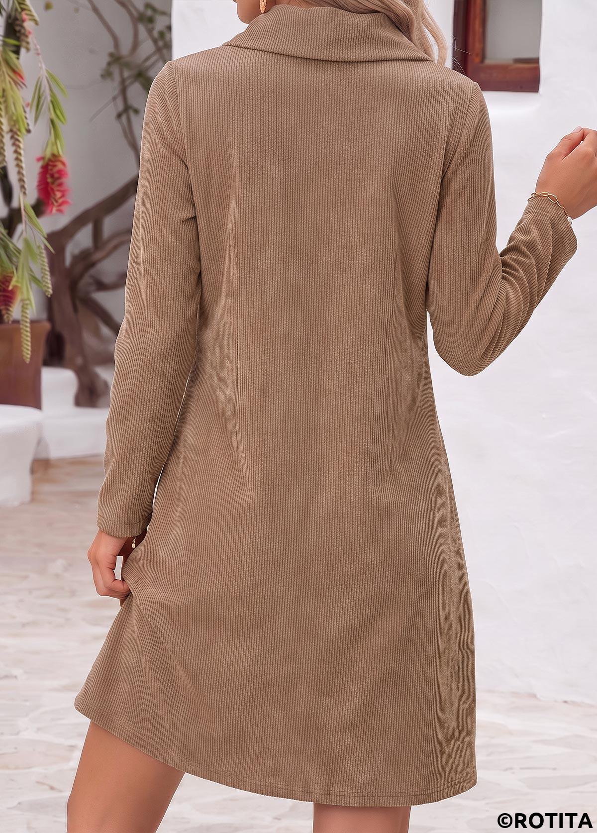 Dark Camel dresses,Plain Color dresses,Everyday dresses,Casual dresses,ROTITA Dark Camel Tummy Coverage Short Cowl Neck Dress