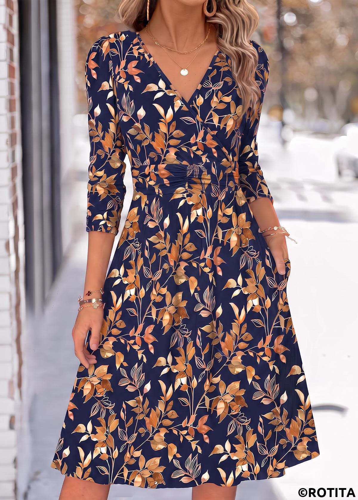 Navy dresses,Plants dresses,Everyday dresses,Casual dresses,ROTITA Navy Leaf Print Shirred V Neck Long Sleeve Dress
