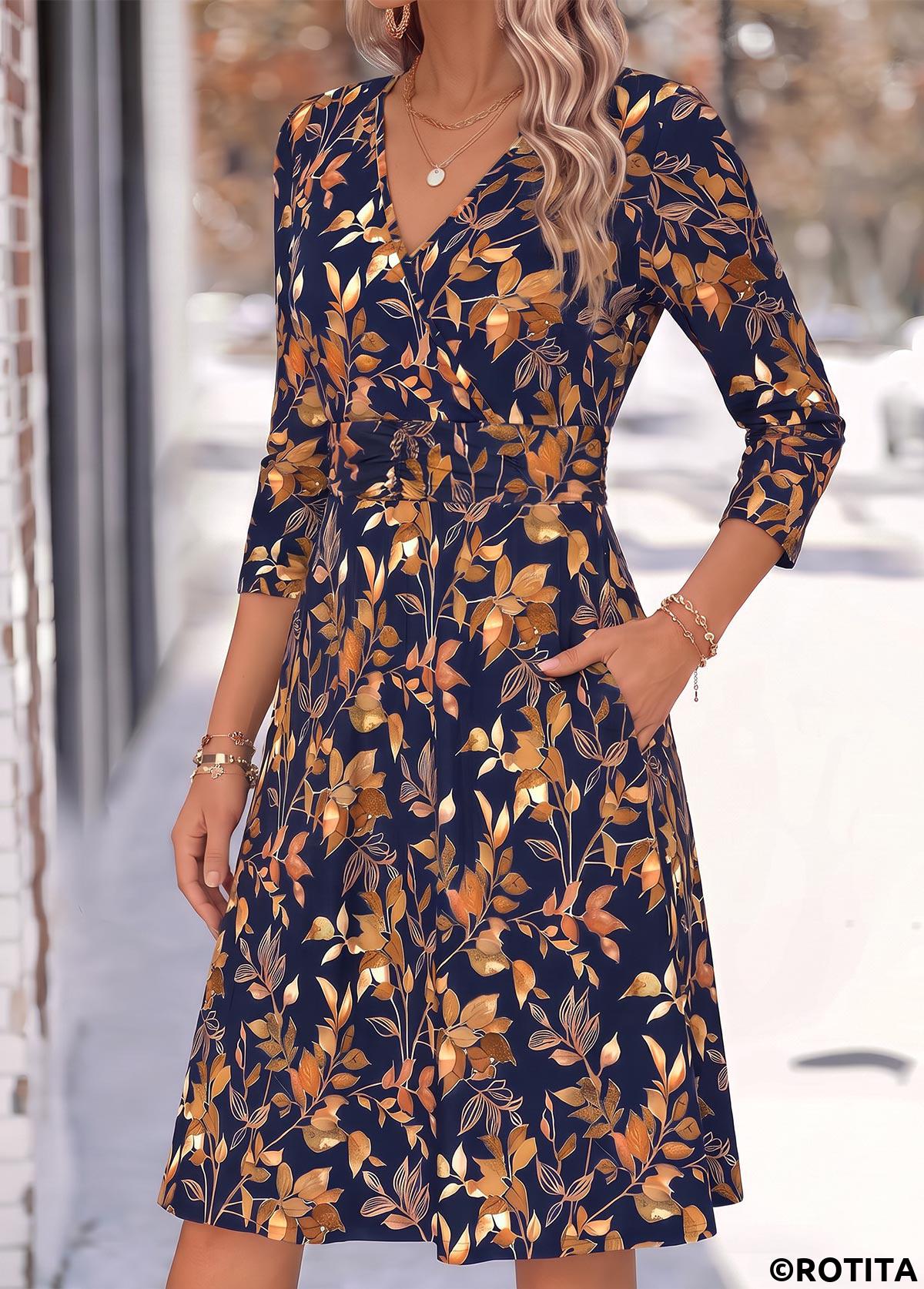 Navy dresses,Plants dresses,Everyday dresses,Casual dresses,ROTITA Navy Leaf Print Shirred V Neck Long Sleeve Dress