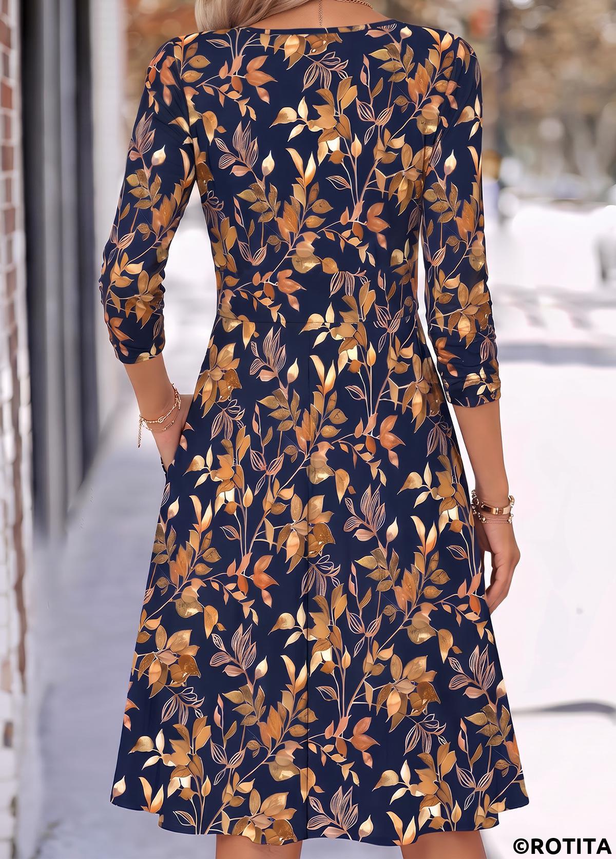 Navy dresses,Plants dresses,Everyday dresses,Casual dresses,ROTITA Navy Leaf Print Shirred V Neck Long Sleeve Dress