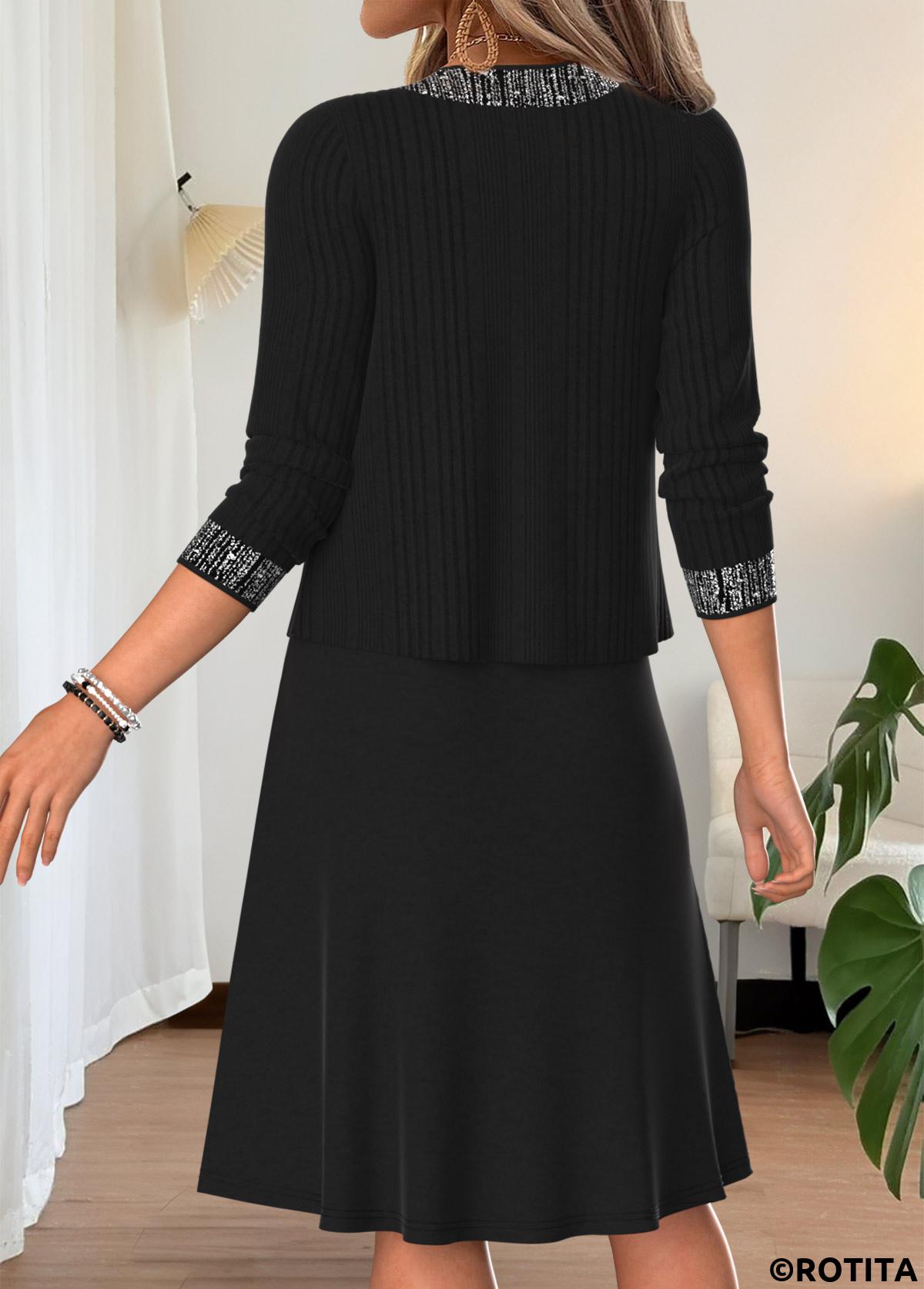 Black dresses,Plain Color dresses,Everyday dresses,Casual dresses,ROTITA Black Two-piece Round Neck Long Sleeve Dress and Cardigan