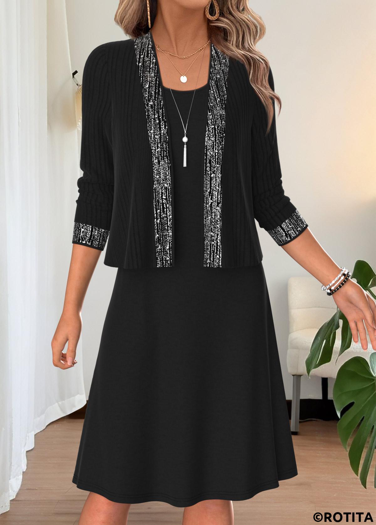 Black dresses,Plain Color dresses,Everyday dresses,Casual dresses,ROTITA Black Two-piece Round Neck Long Sleeve Dress and Cardigan