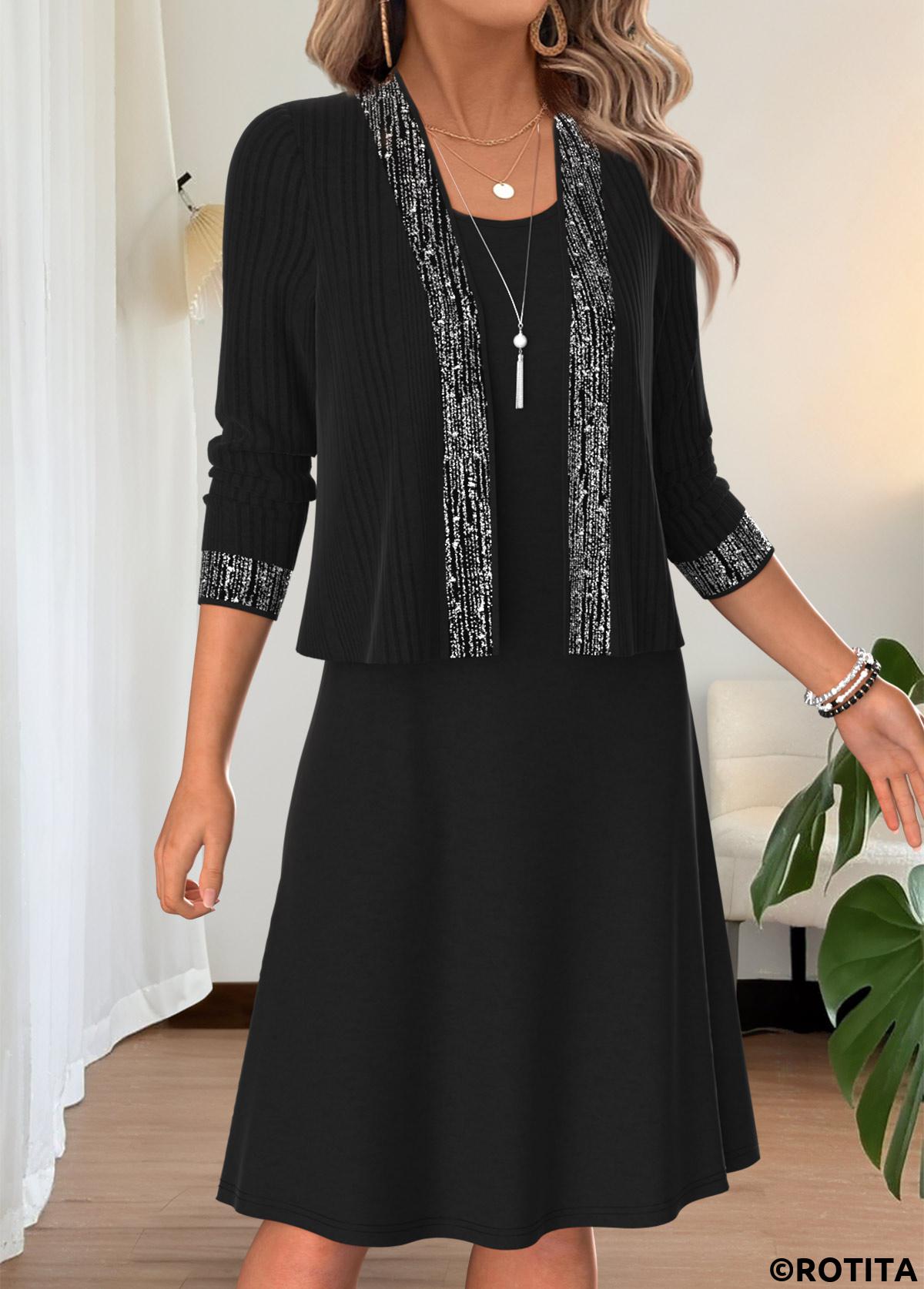 Black dresses,Plain Color dresses,Everyday dresses,Casual dresses,ROTITA Black Two-piece Round Neck Long Sleeve Dress and Cardigan