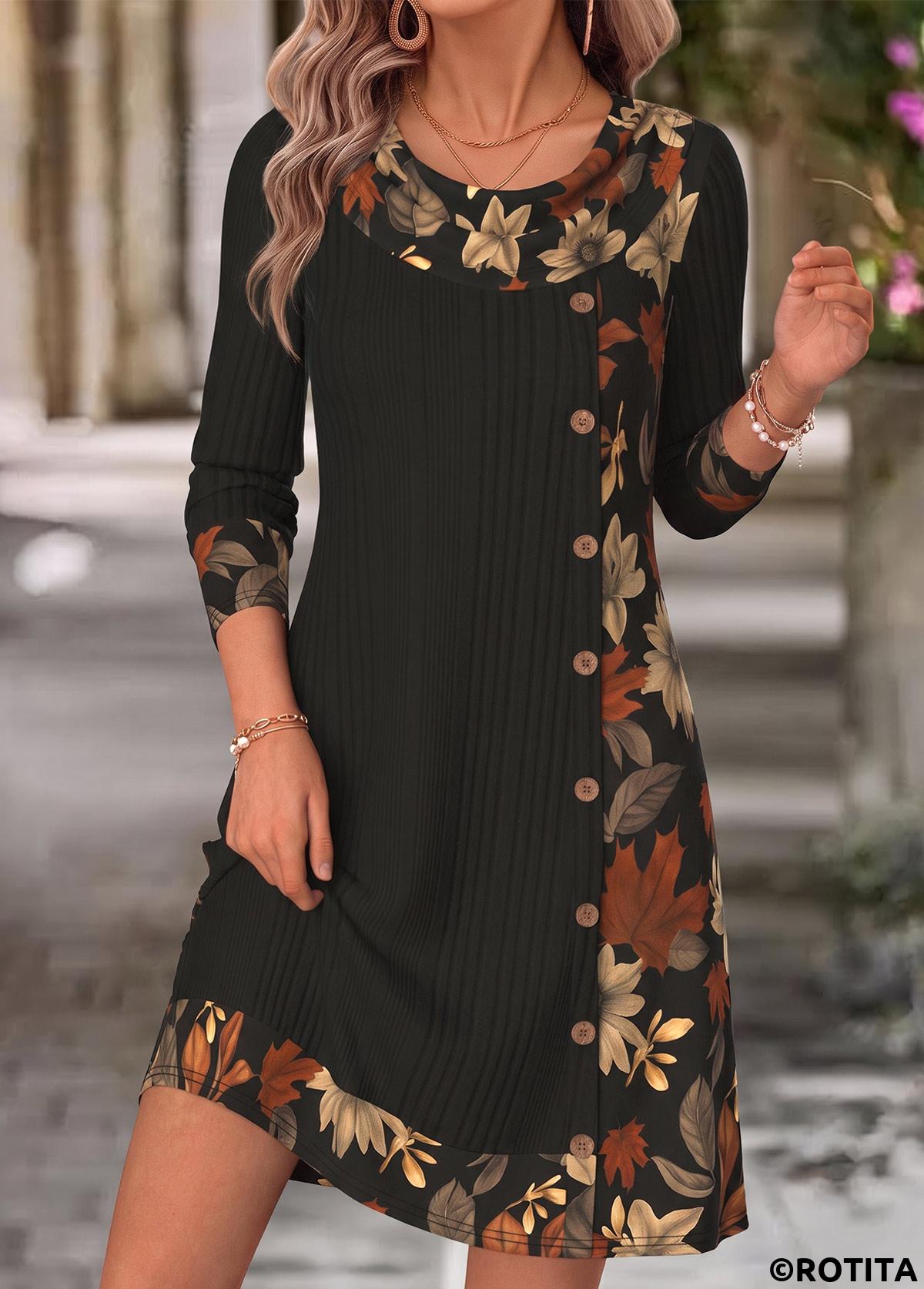 Black dresses,Plants dresses,Everyday dresses,Casual dresses,ROTITA Black Leaf Print Patchwork Short Cowl Neck Dress