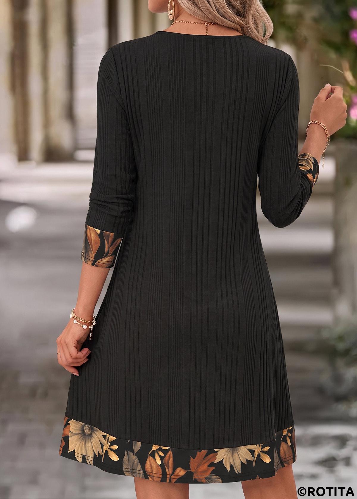 Black dresses,Plants dresses,Everyday dresses,Casual dresses,ROTITA Black Leaf Print Patchwork Short Cowl Neck Dress