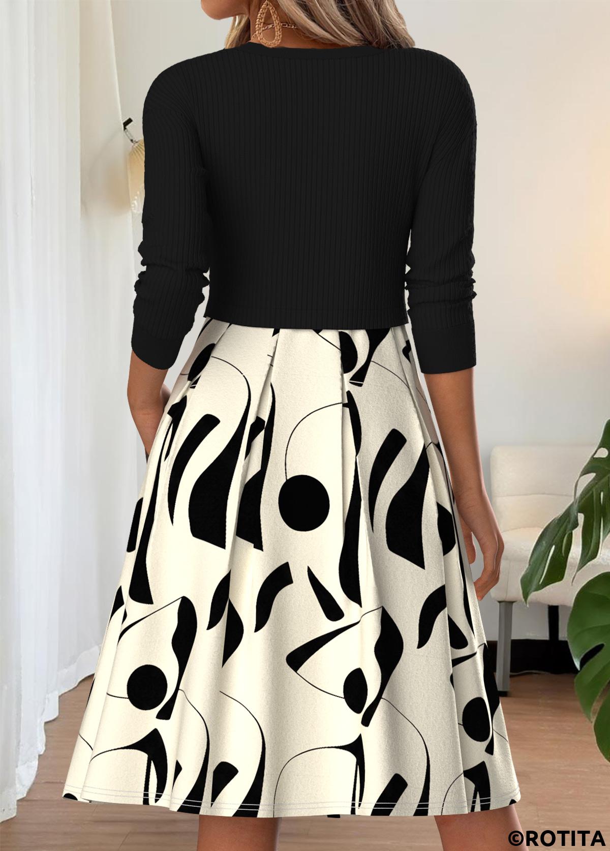 Black dresses,Geometric dresses,Everyday dresses,Casual dresses,ROTITA Black Geometric Print Pleated Round Neck Long Sleeve Dress