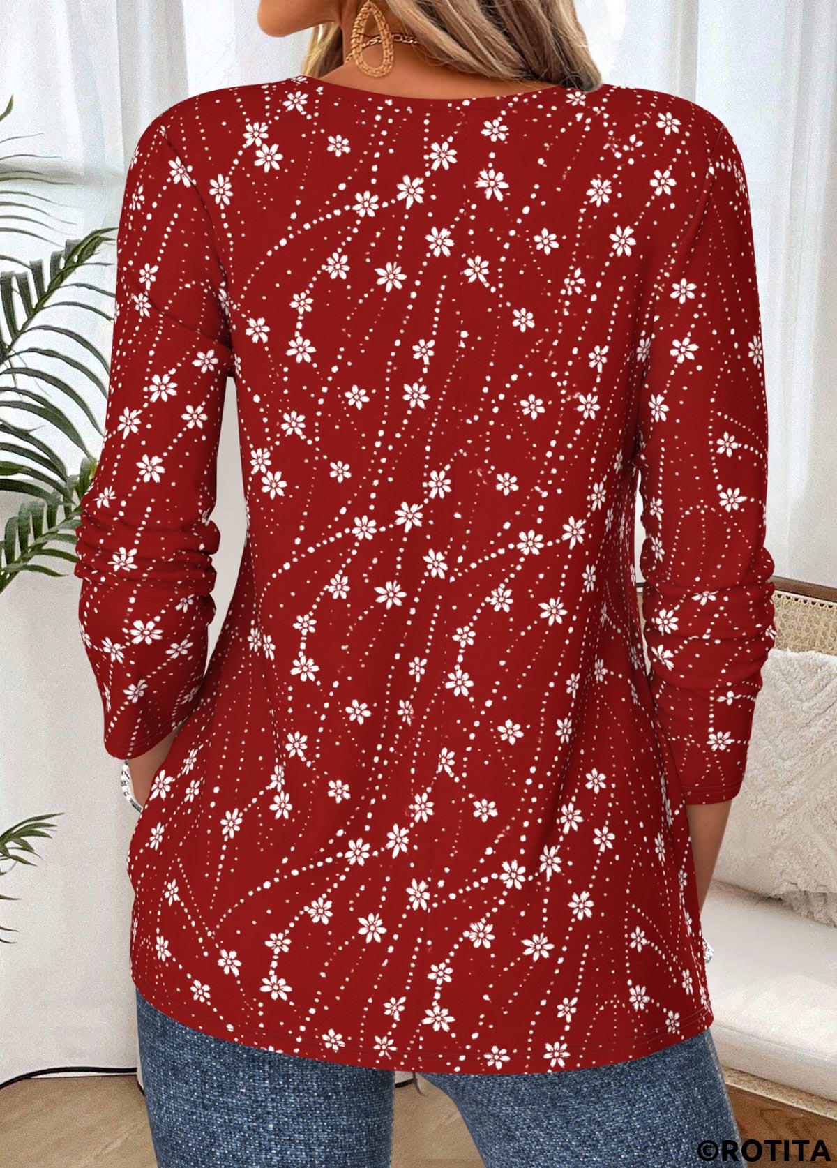 Wine Red tops,Floral tops,Plants tops,ROTITA Tuck Stitch Floral Print Wine Red T Shirt