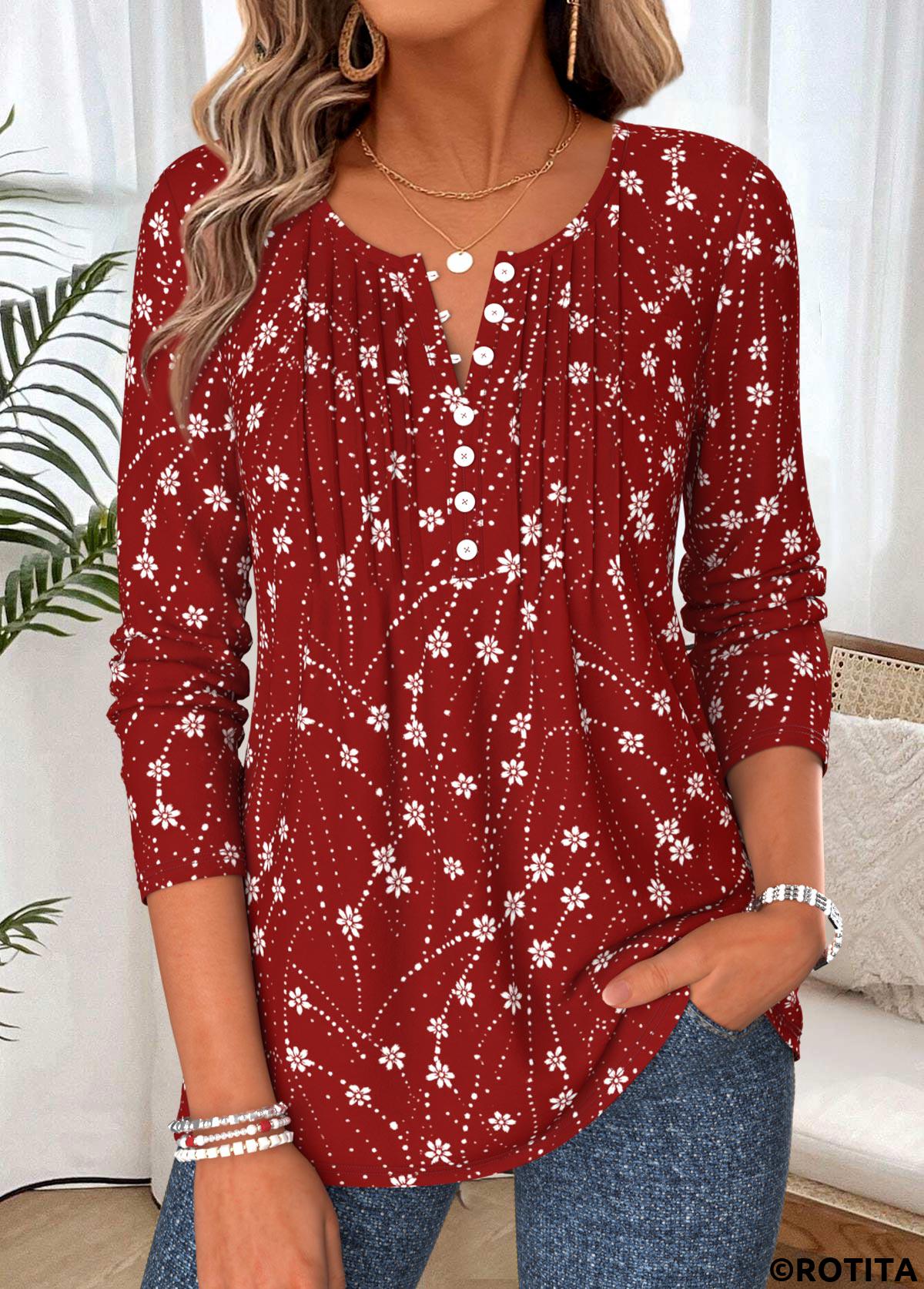 Wine Red tops,Floral tops,Plants tops,ROTITA Tuck Stitch Floral Print Wine Red T Shirt