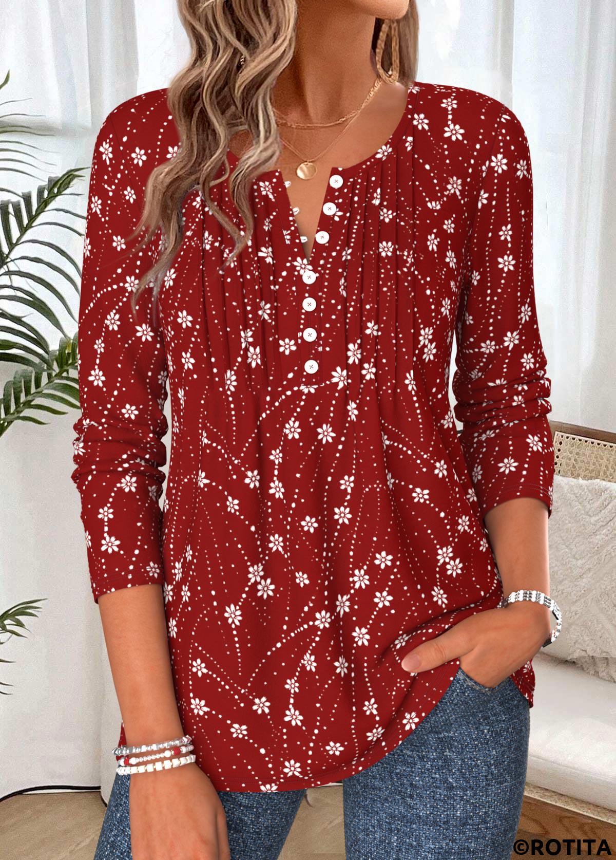 Wine Red tops,Floral tops,Plants tops,ROTITA Tuck Stitch Floral Print Wine Red T Shirt