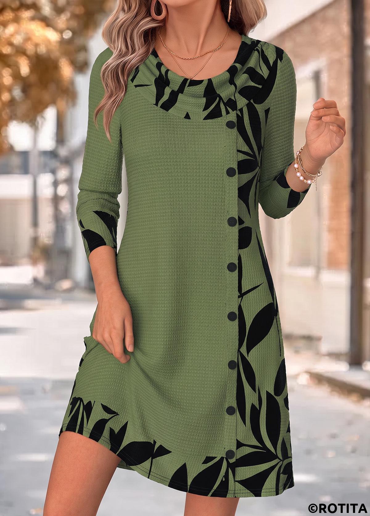 Sage Green dresses,Plants dresses,Everyday dresses,Casual dresses,ROTITA Sage Green Leaf Print Patchwork Short Cowl Neck Dress