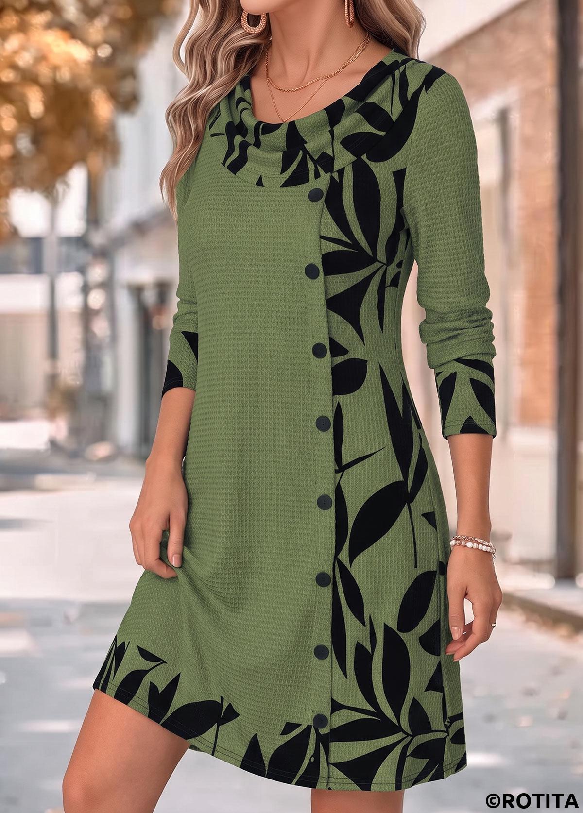Sage Green dresses,Plants dresses,Everyday dresses,Casual dresses,ROTITA Sage Green Leaf Print Patchwork Short Cowl Neck Dress