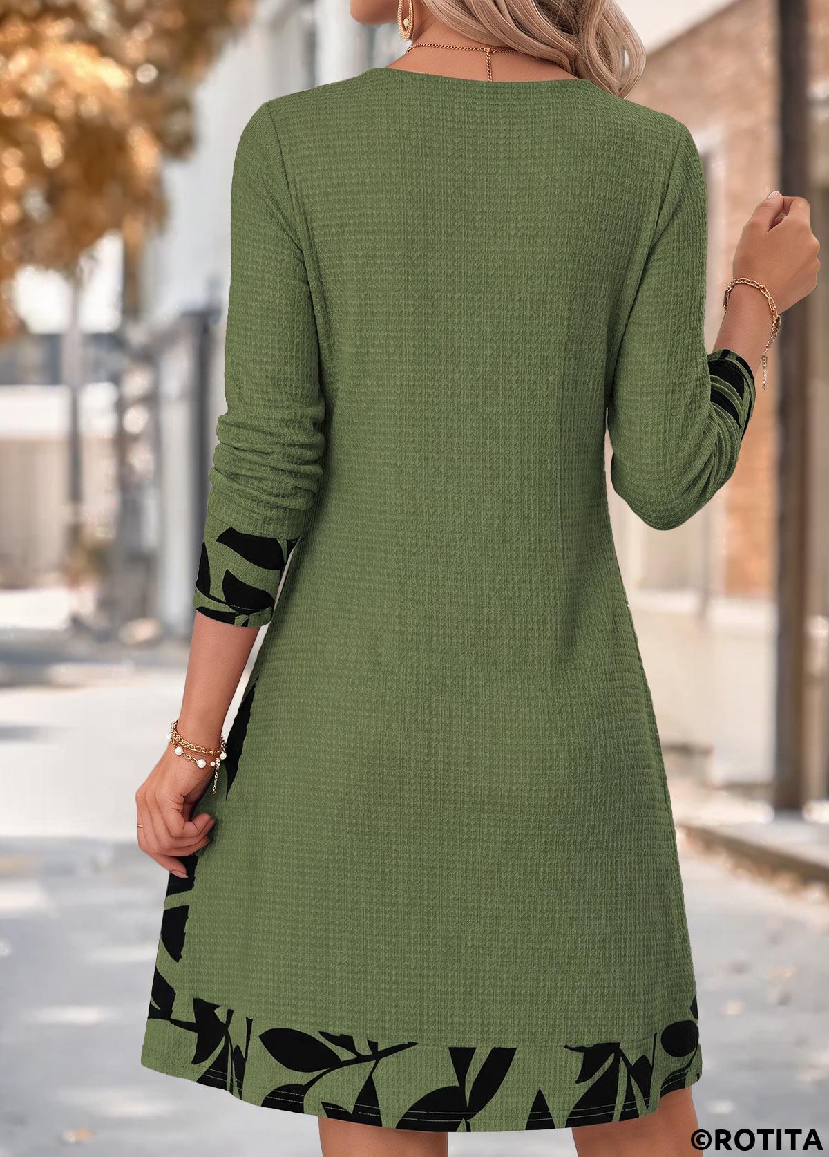 Sage Green dresses,Plants dresses,Everyday dresses,Casual dresses,ROTITA Sage Green Leaf Print Patchwork Short Cowl Neck Dress