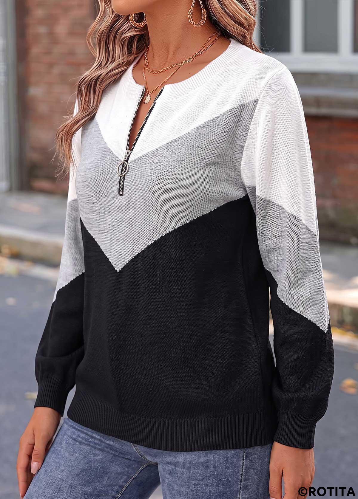 Black tops,Geometric tops,ROTITA Patchwork Geometric Print Black Long Sleeve Sweater
