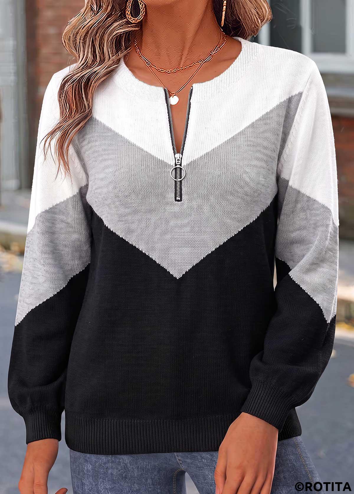 Black tops,Geometric tops,ROTITA Patchwork Geometric Print Black Long Sleeve Sweater