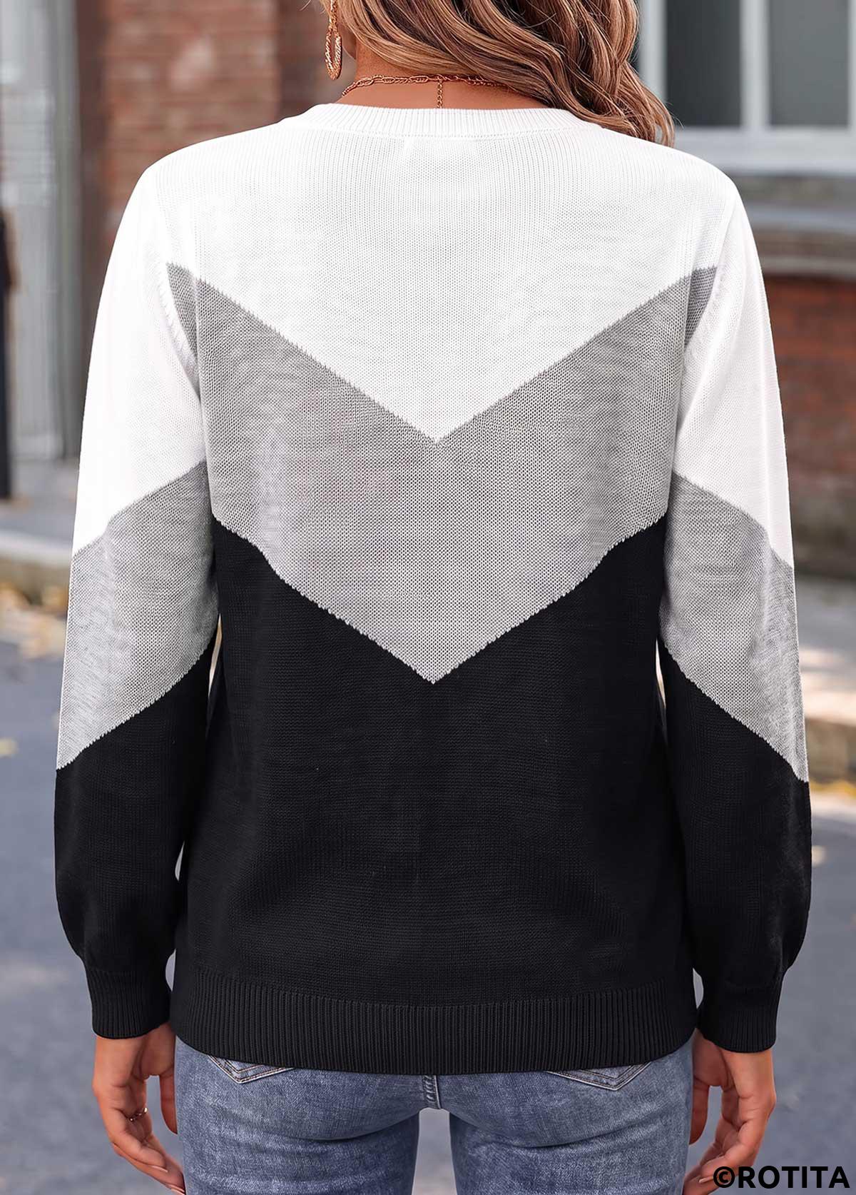 Black tops,Geometric tops,ROTITA Patchwork Geometric Print Black Long Sleeve Sweater