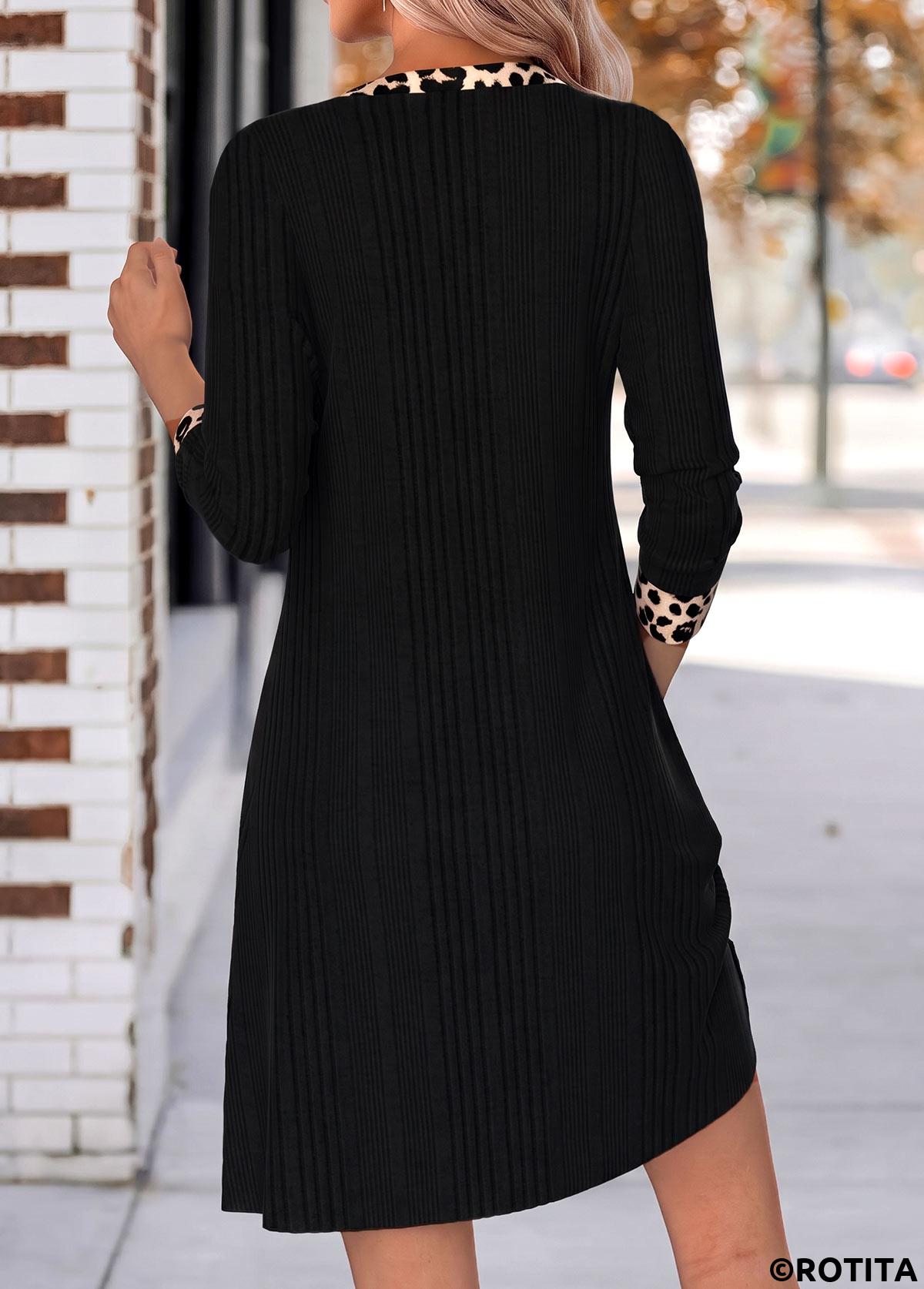Black dresses,Leopard dresses,Animal Print dresses,Everyday dresses,Casual dresses,ROTITA Black Leopard Patchwork Short Split Neck Long Sleeve Dress
