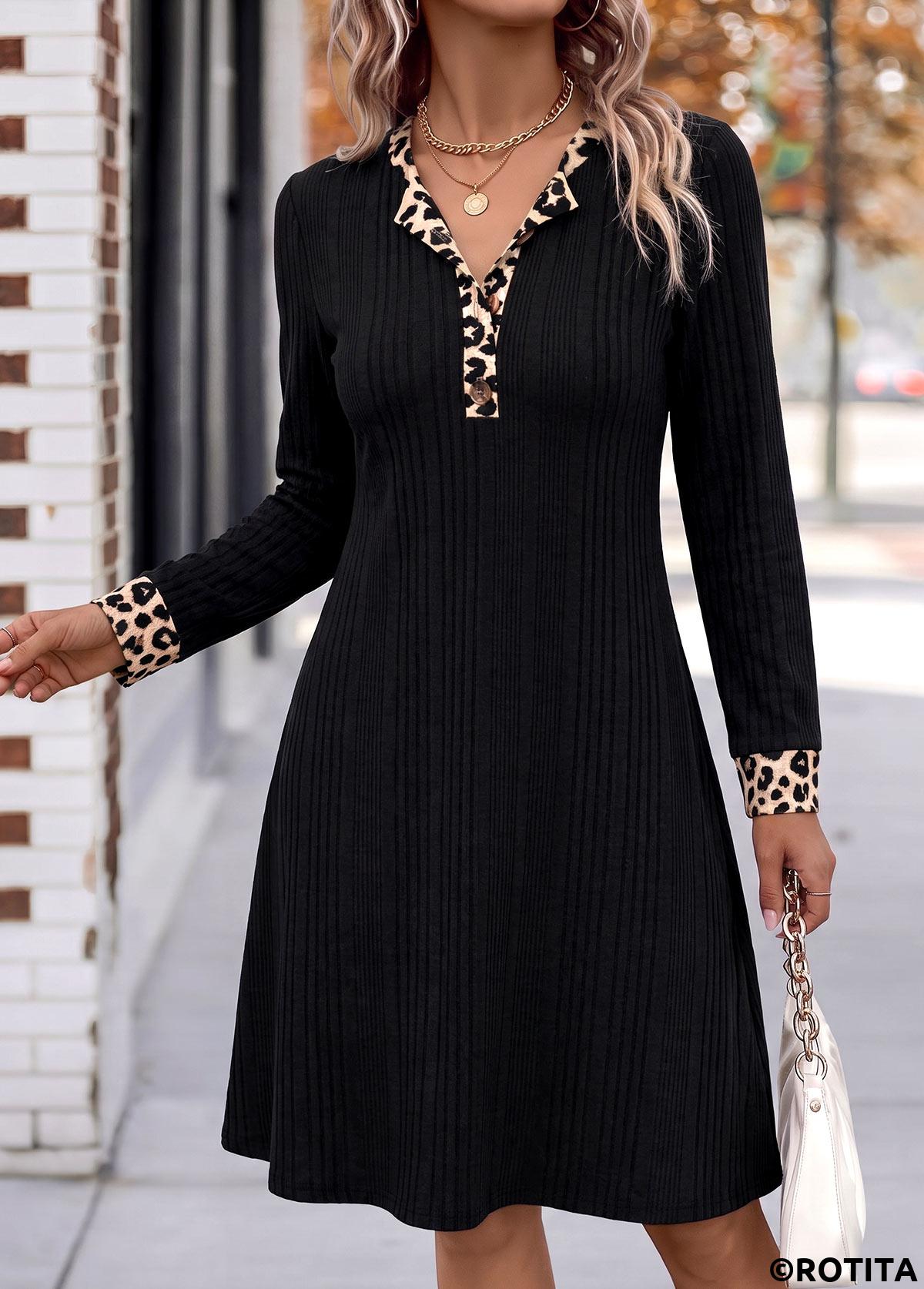Black dresses,Leopard dresses,Animal Print dresses,Everyday dresses,Casual dresses,ROTITA Black Leopard Patchwork Short Split Neck Long Sleeve Dress