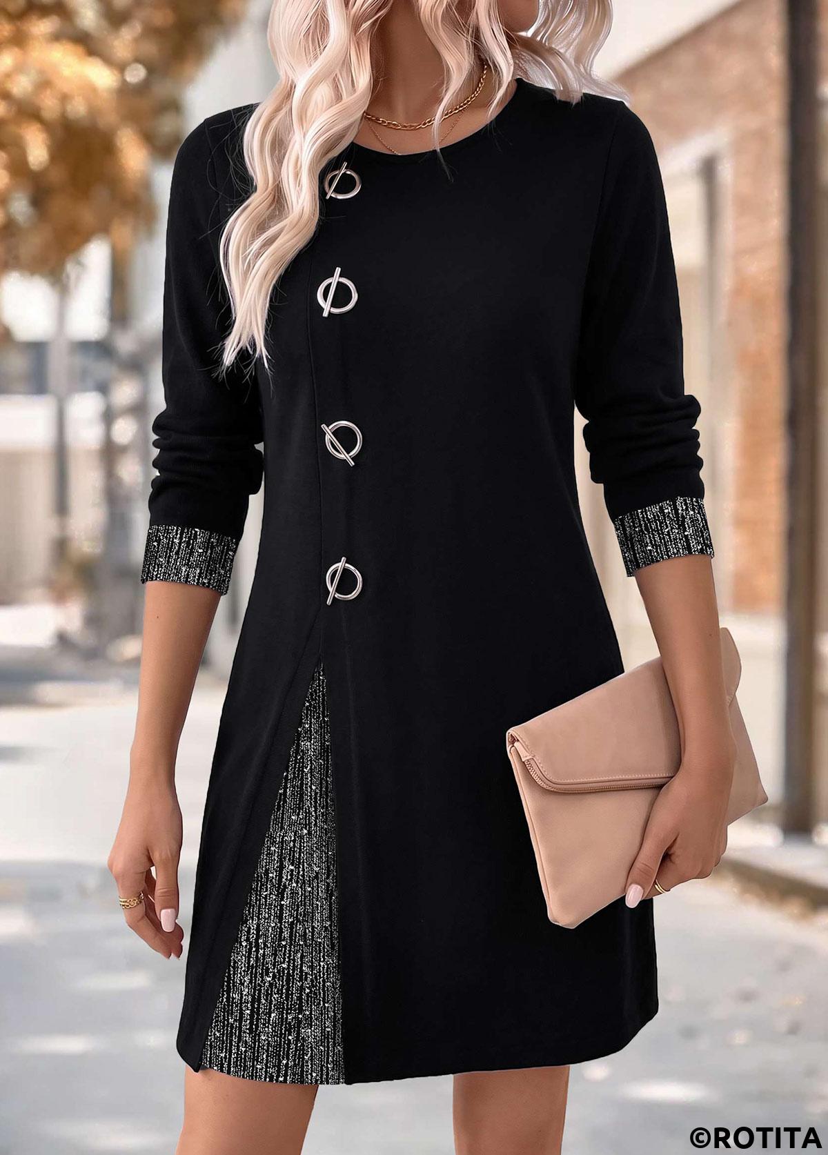 Black dresses,Plain Color dresses,Everyday dresses,Casual dresses,ROTITA Black Patchwork Short Round Neck Long Sleeve Dress