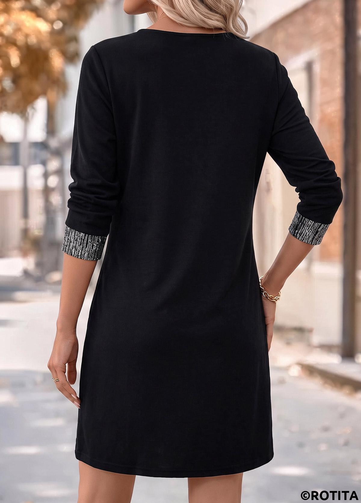 Black dresses,Plain Color dresses,Everyday dresses,Casual dresses,ROTITA Black Patchwork Short Round Neck Long Sleeve Dress