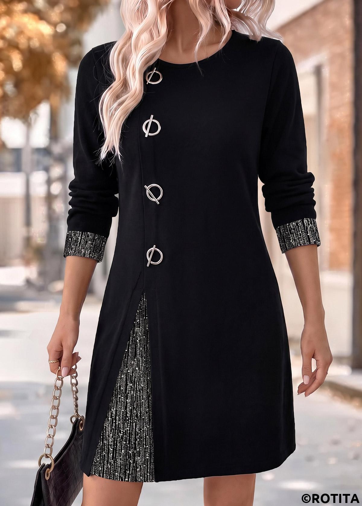 Black dresses,Plain Color dresses,Everyday dresses,Casual dresses,ROTITA Black Patchwork Short Round Neck Long Sleeve Dress
