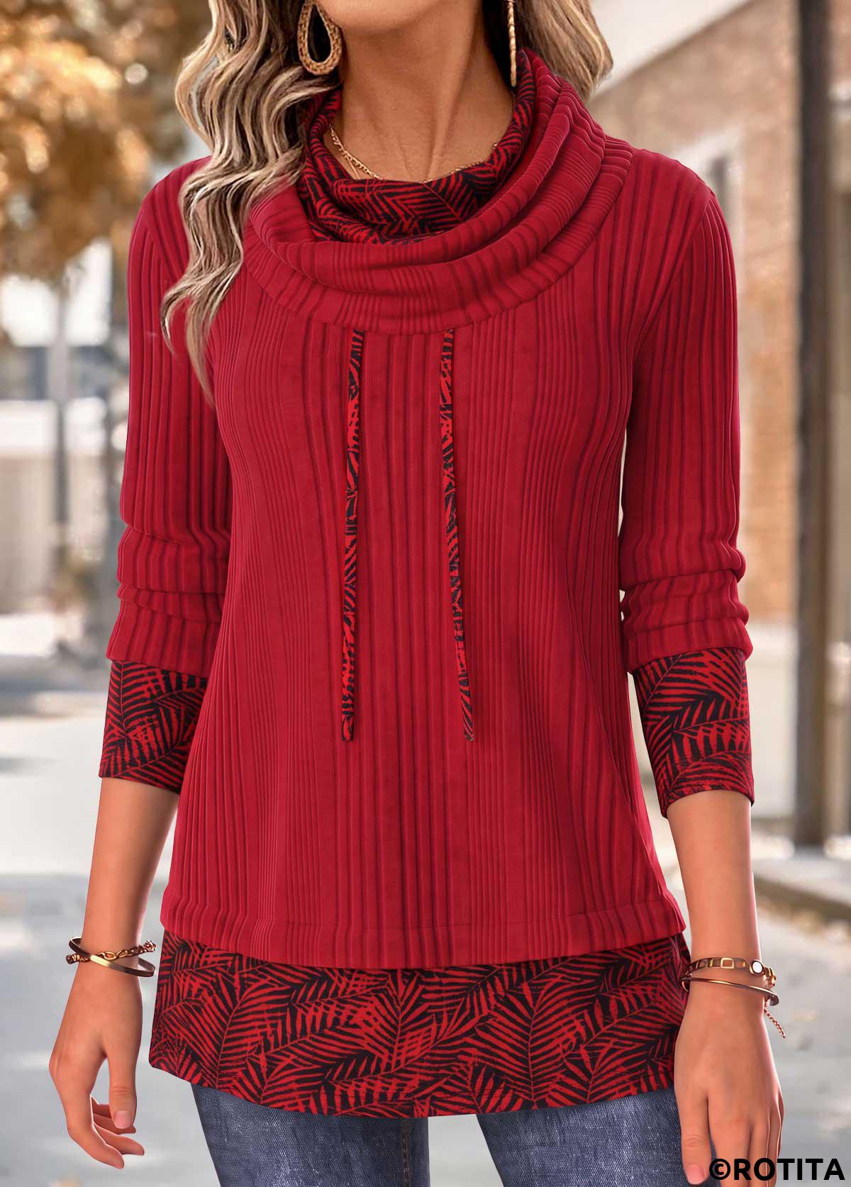 Red tops,Plants tops,ROTITA Fake 2in1 Leaf Print Red Cowl Neck Sweatshirt