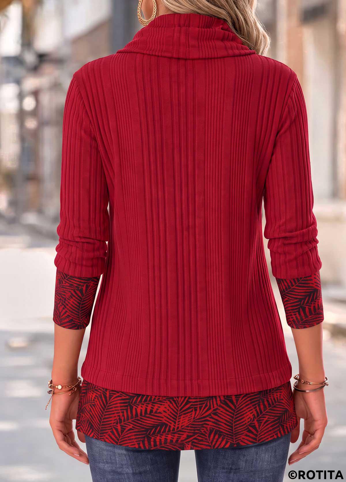 Red tops,Plants tops,ROTITA Fake 2in1 Leaf Print Red Cowl Neck Sweatshirt